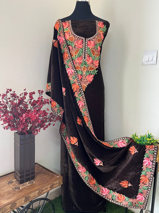 Coffee Brown Aari Embroidered Velvet 2pc Suit Material