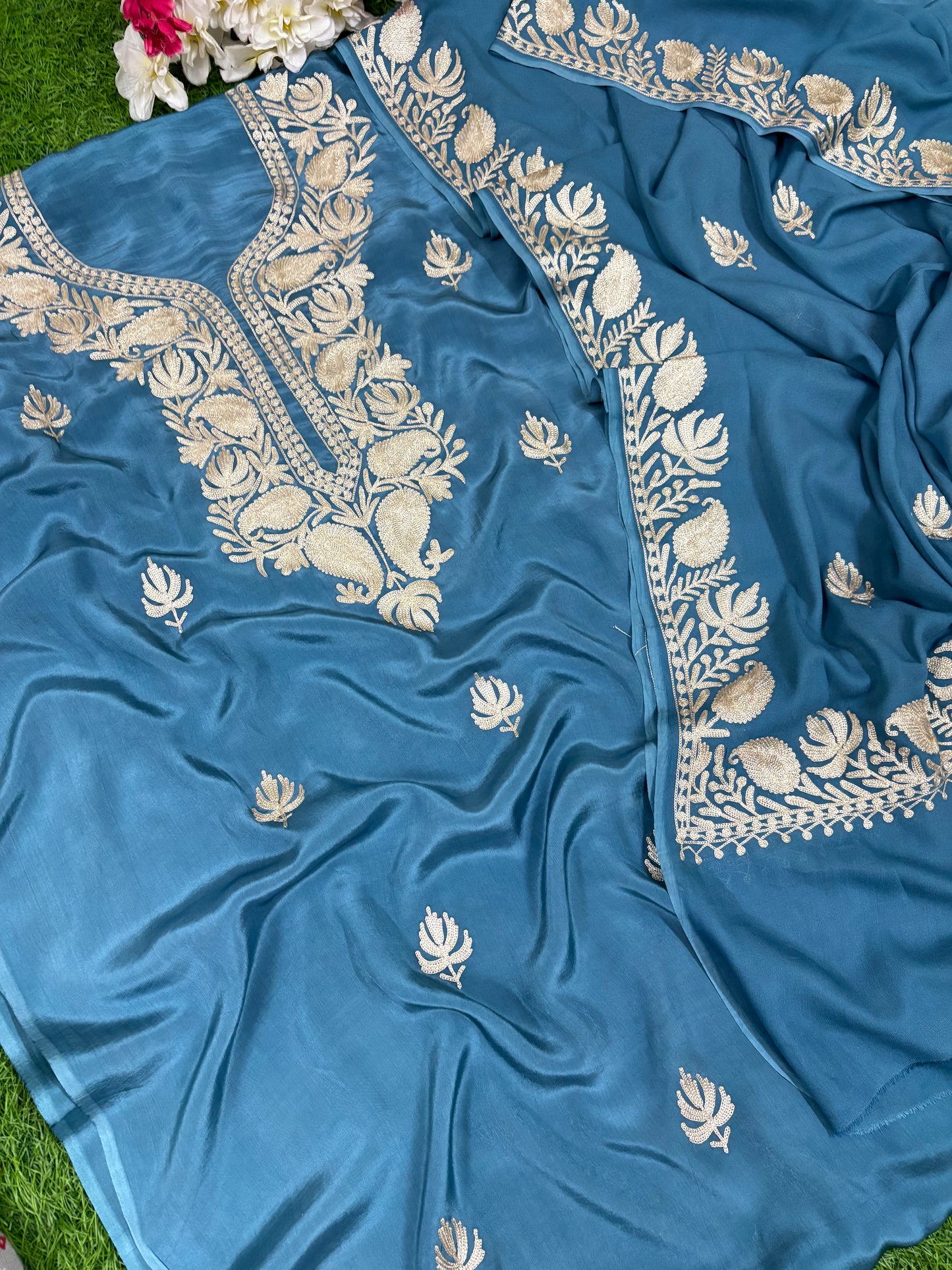 Kalaa’ English Blue Crape Kashmiri Suit