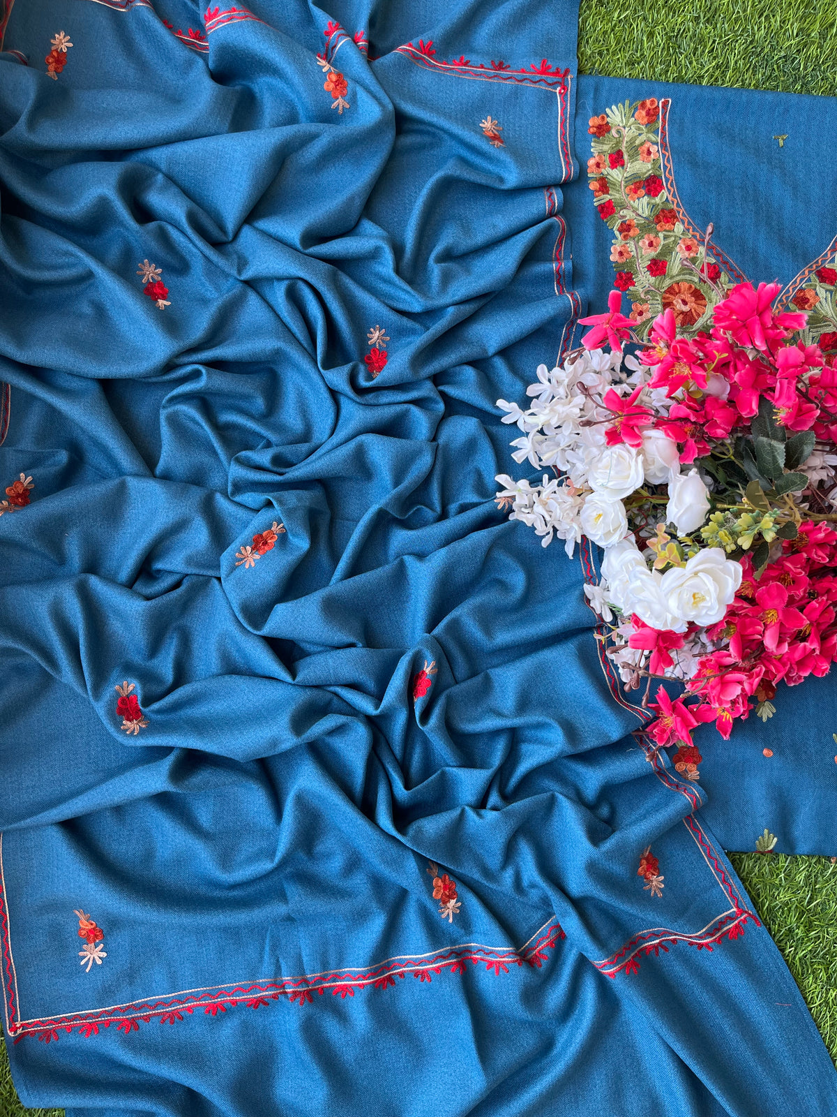Peacock Blue Woollen Aari Embroidered 3pc suit