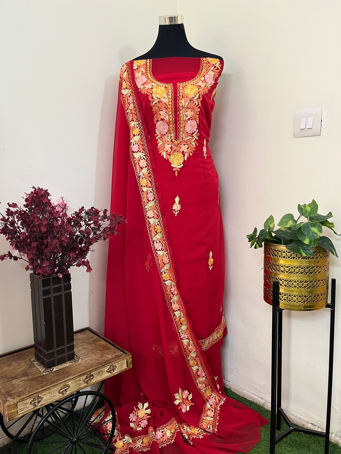 Red Georgette 3 Pc Aari Embroidered Suit Set