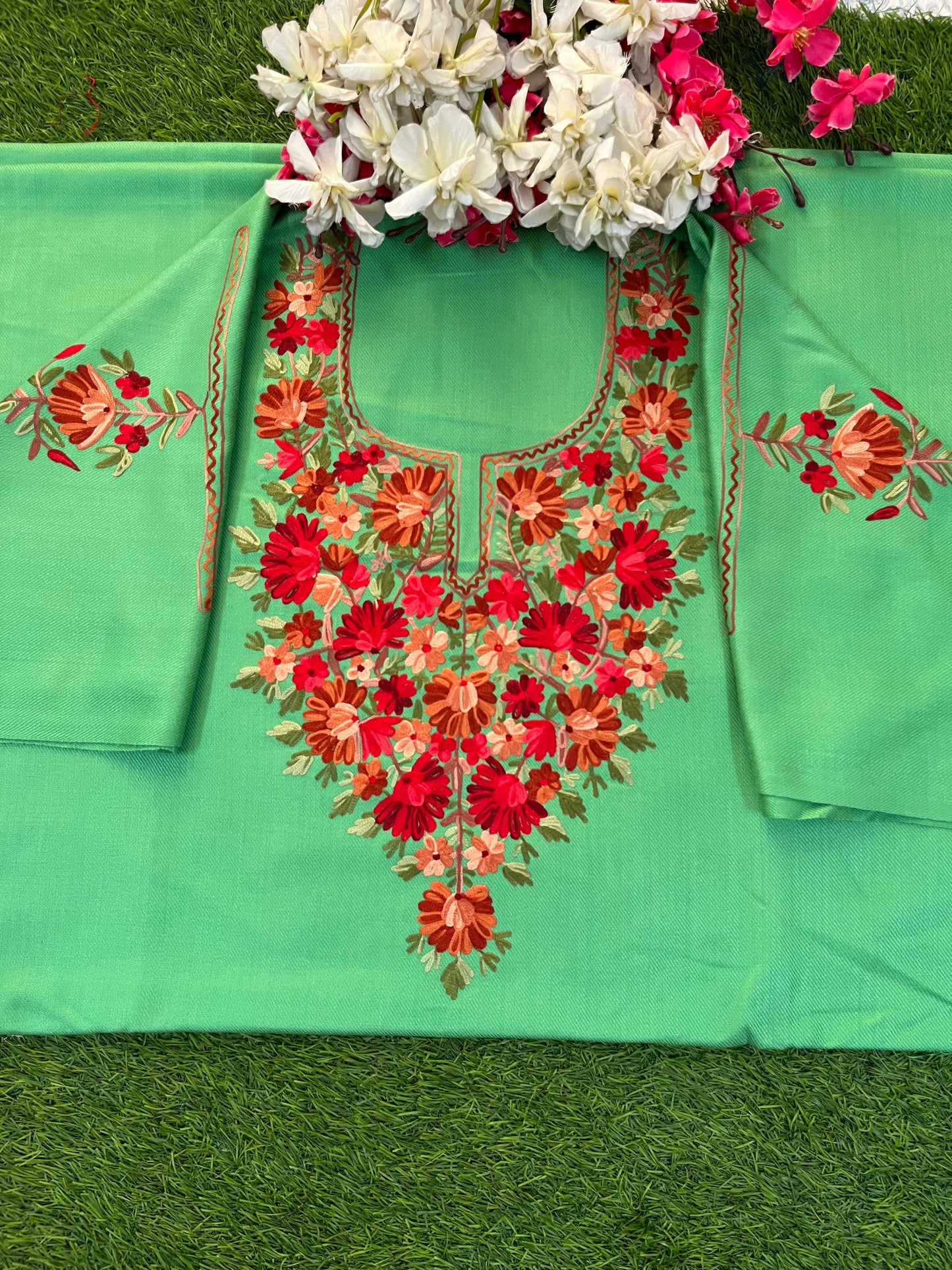 Soft Green Woollen Aari Embroidered 2pc suit 5mtr