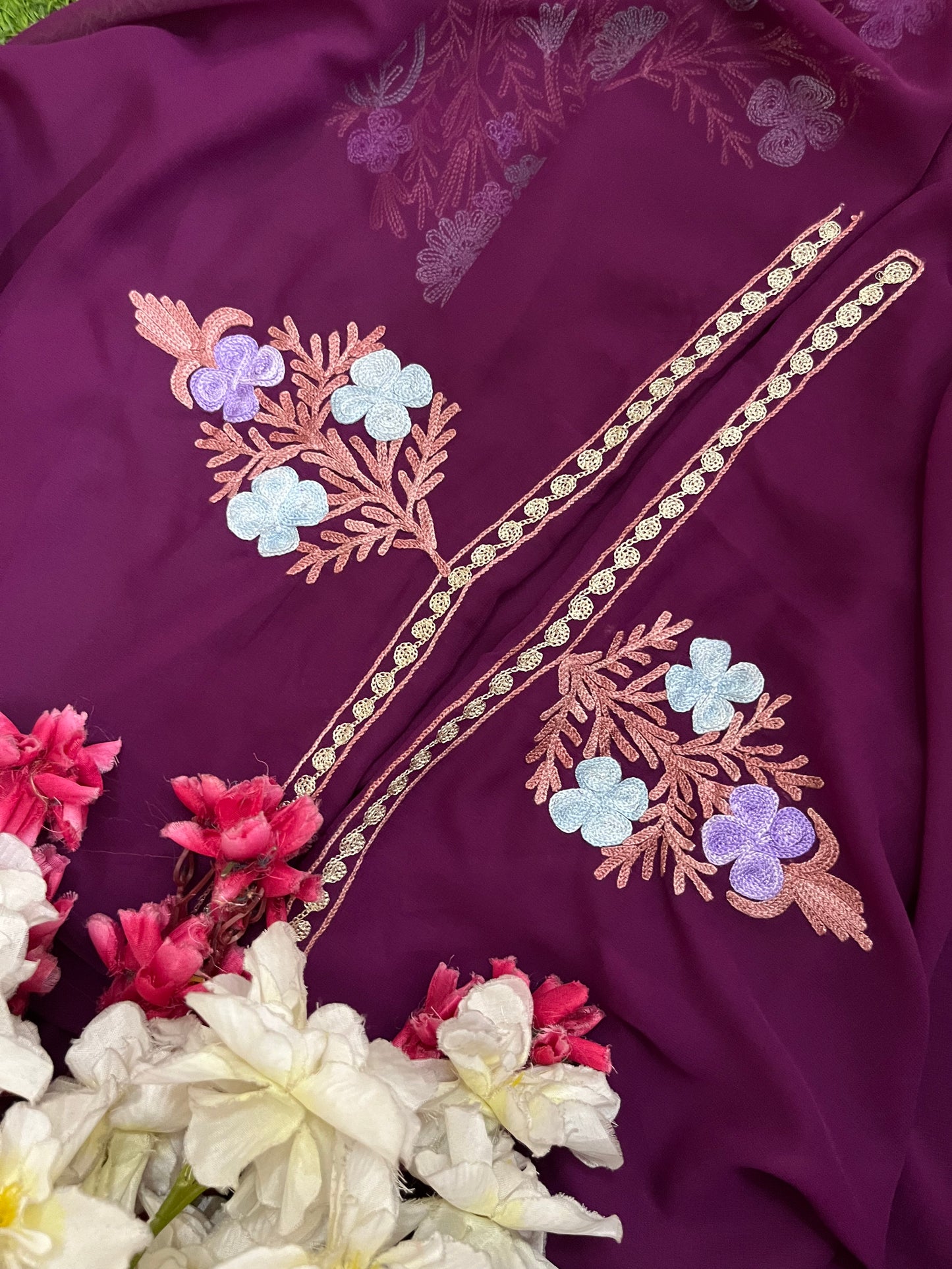 Wine Georgette 3 Pc Aari Embroidered Suit Set