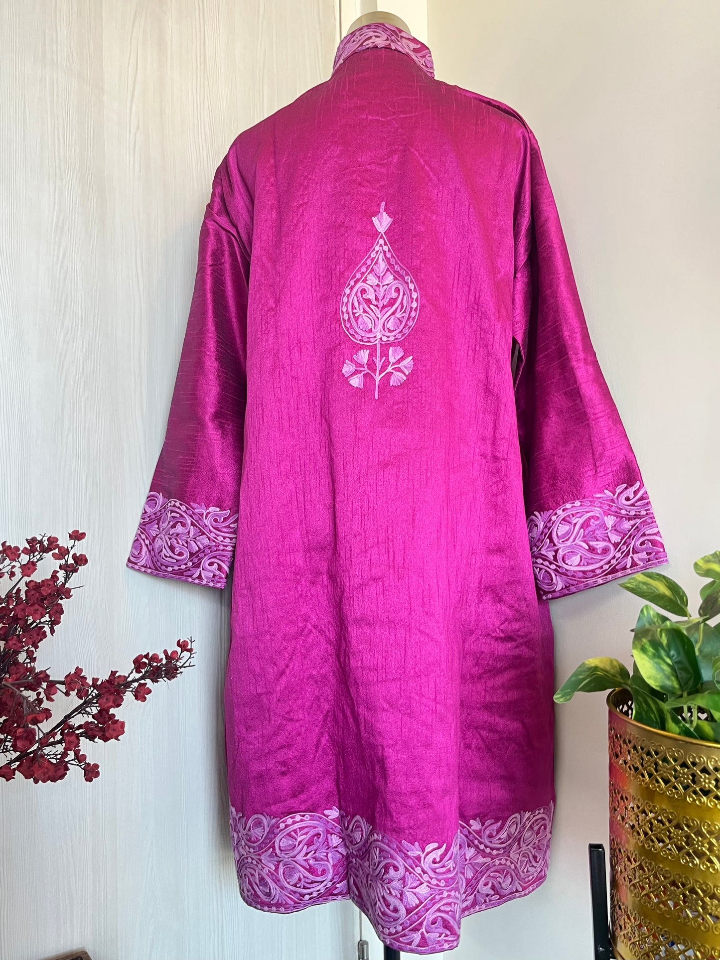 Hot Pink Aari  Embroidered Silk Jacket XXL