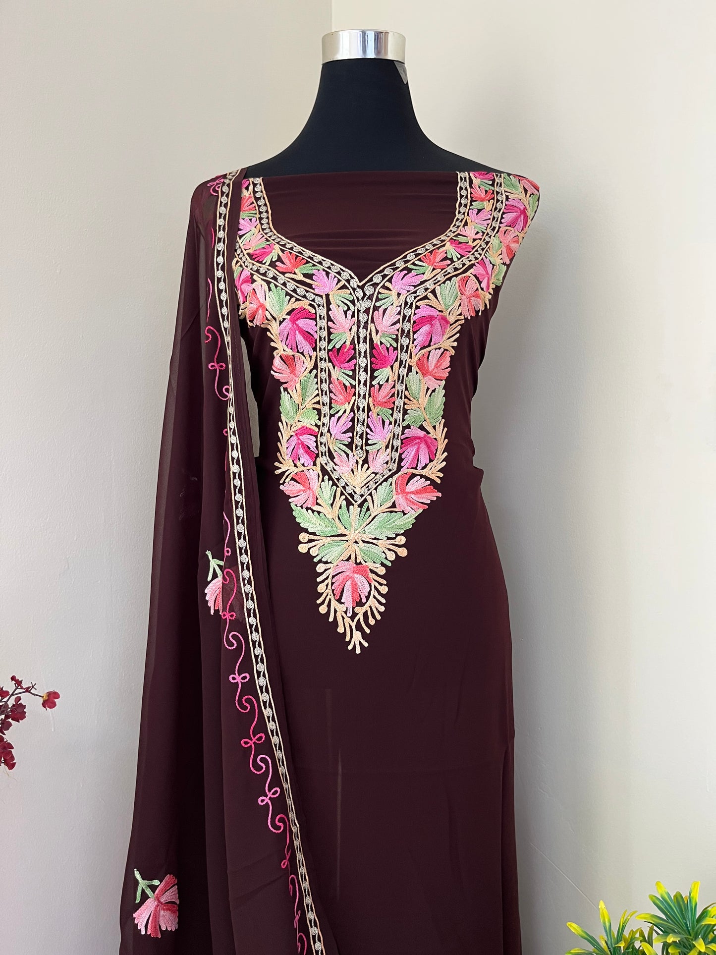 Brown Georgette Shirt and Dupatta Aari Embroidered Suit