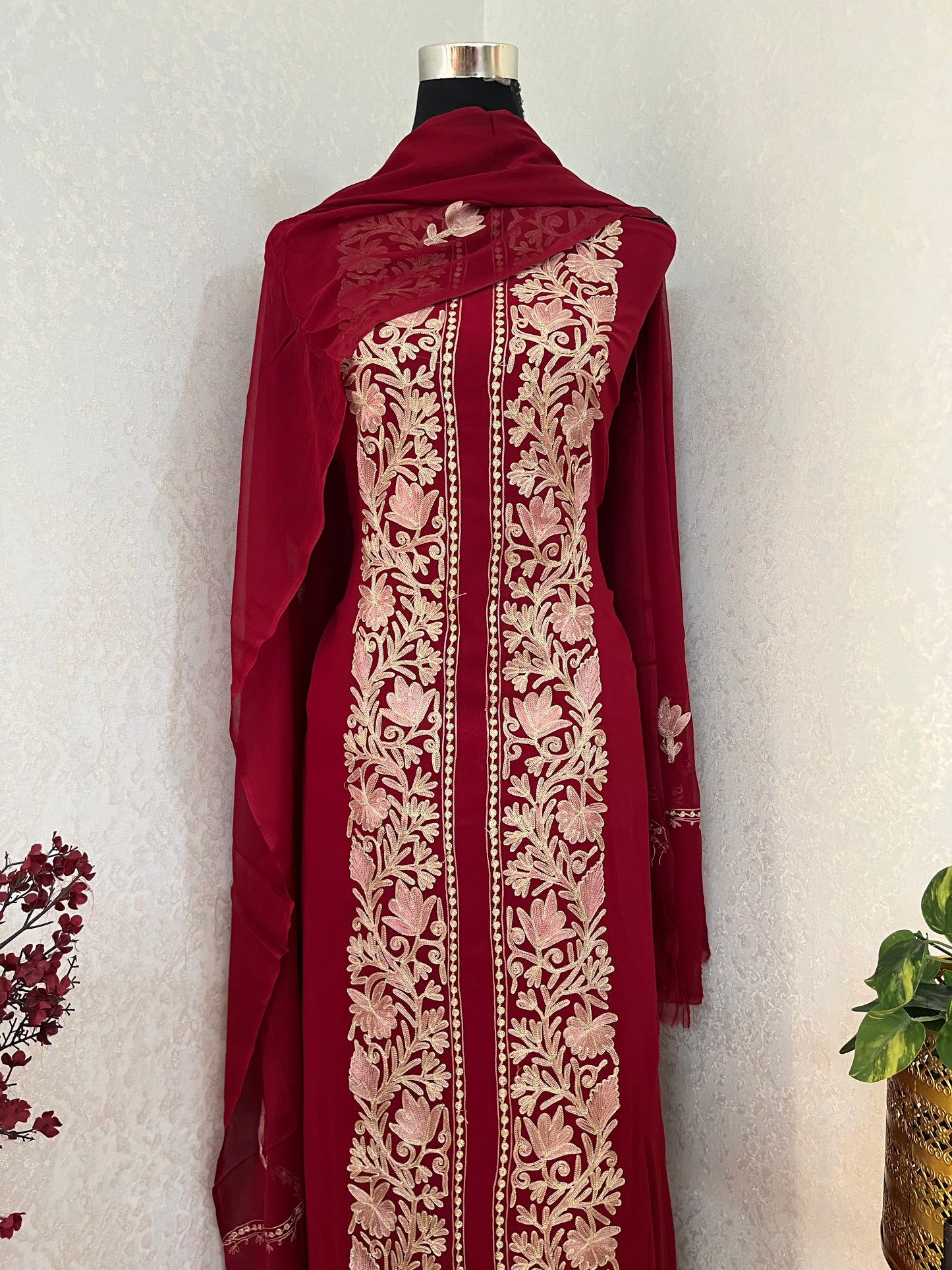 Maroon Pure Georgette Achkan Kashmiri Suit