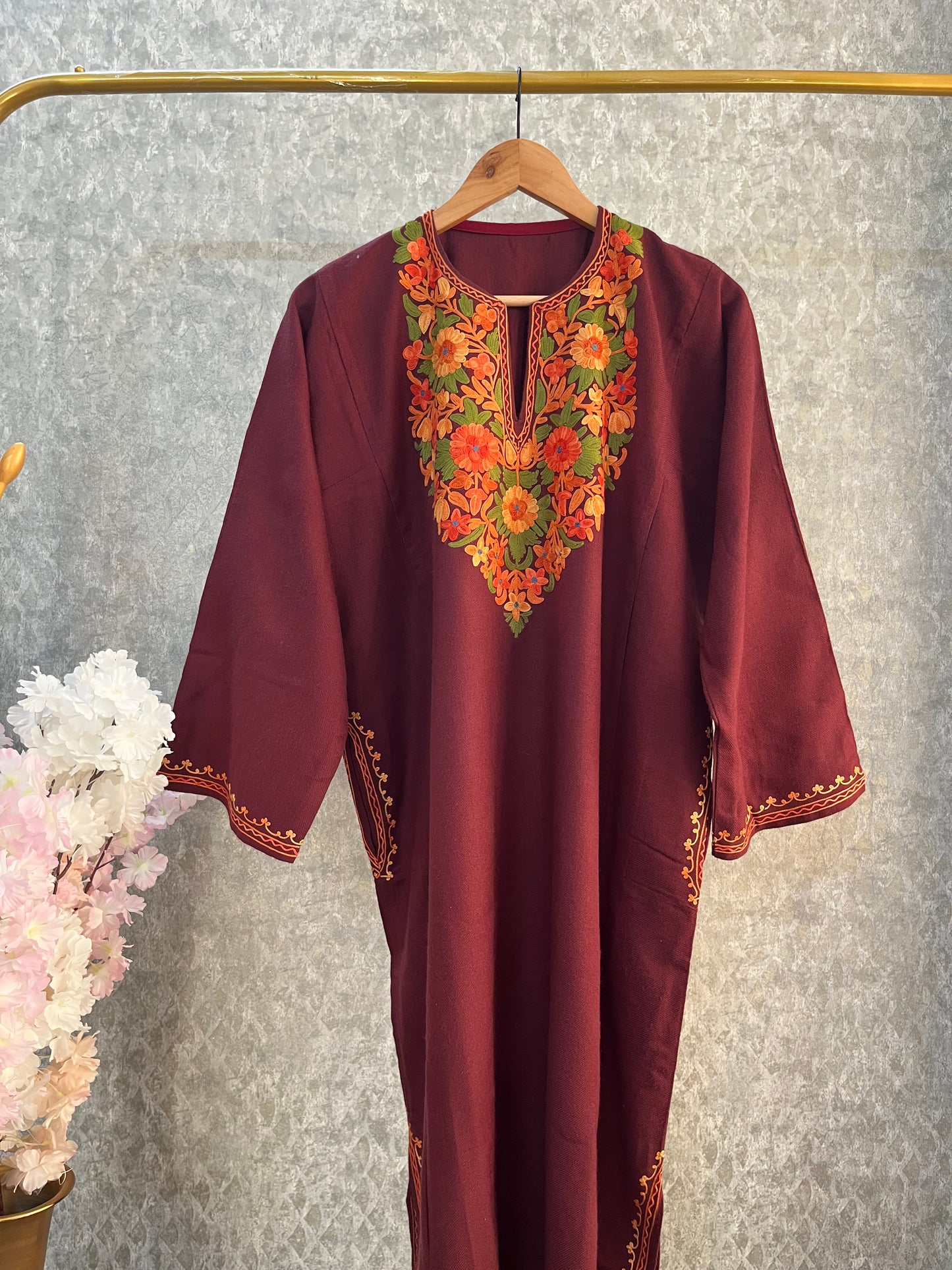 Reddish Brown Aari Embroidered Wool Pheran