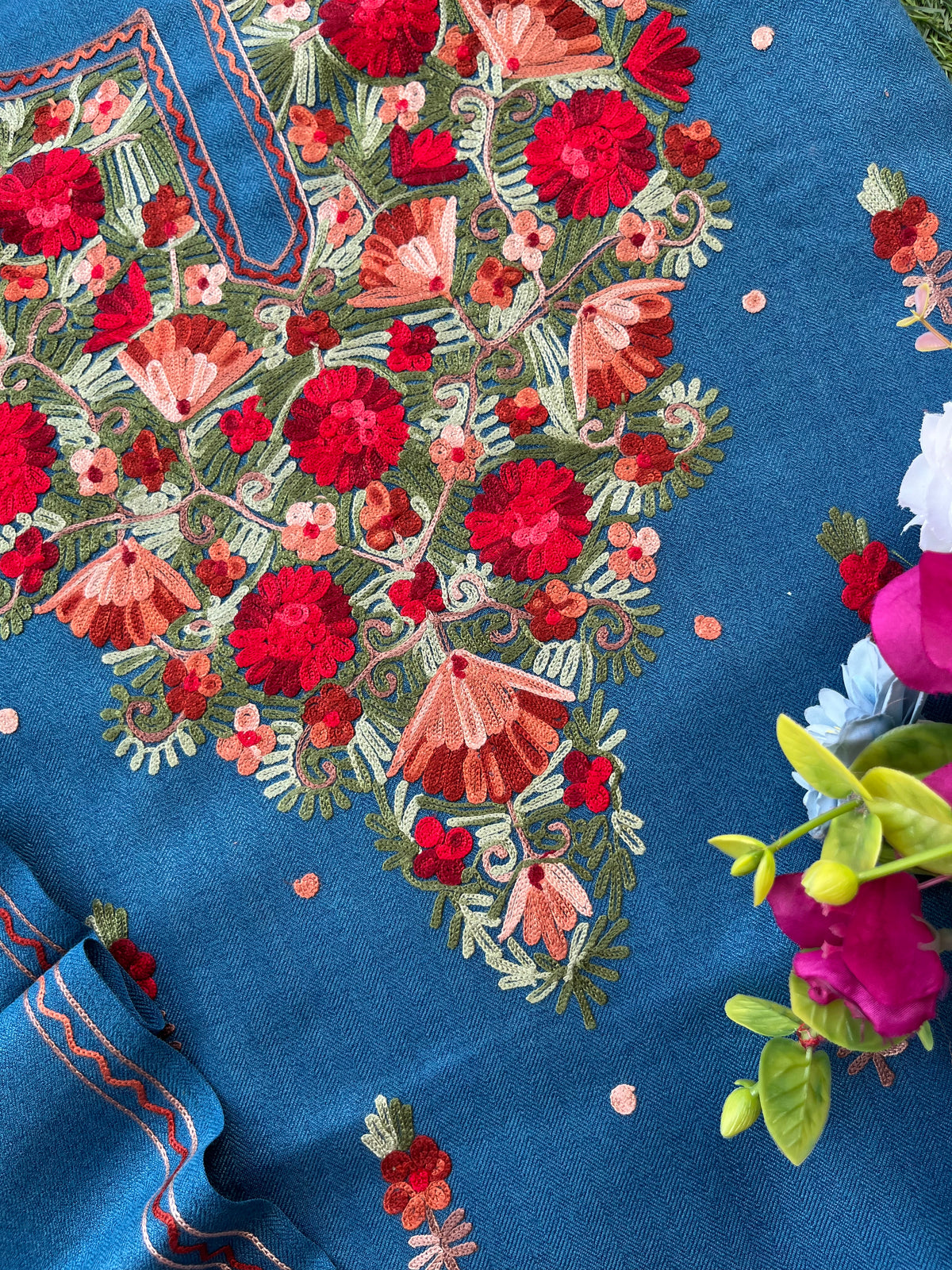Peacock Blue Woollen Aari Embroidered 3pc suit