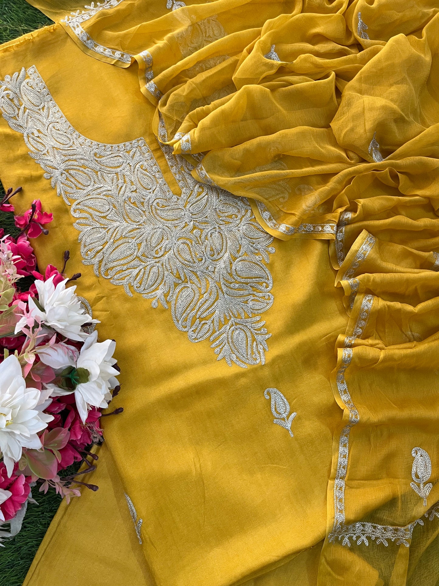 Golden Yellow Silk Tilla Kashmiri Suit