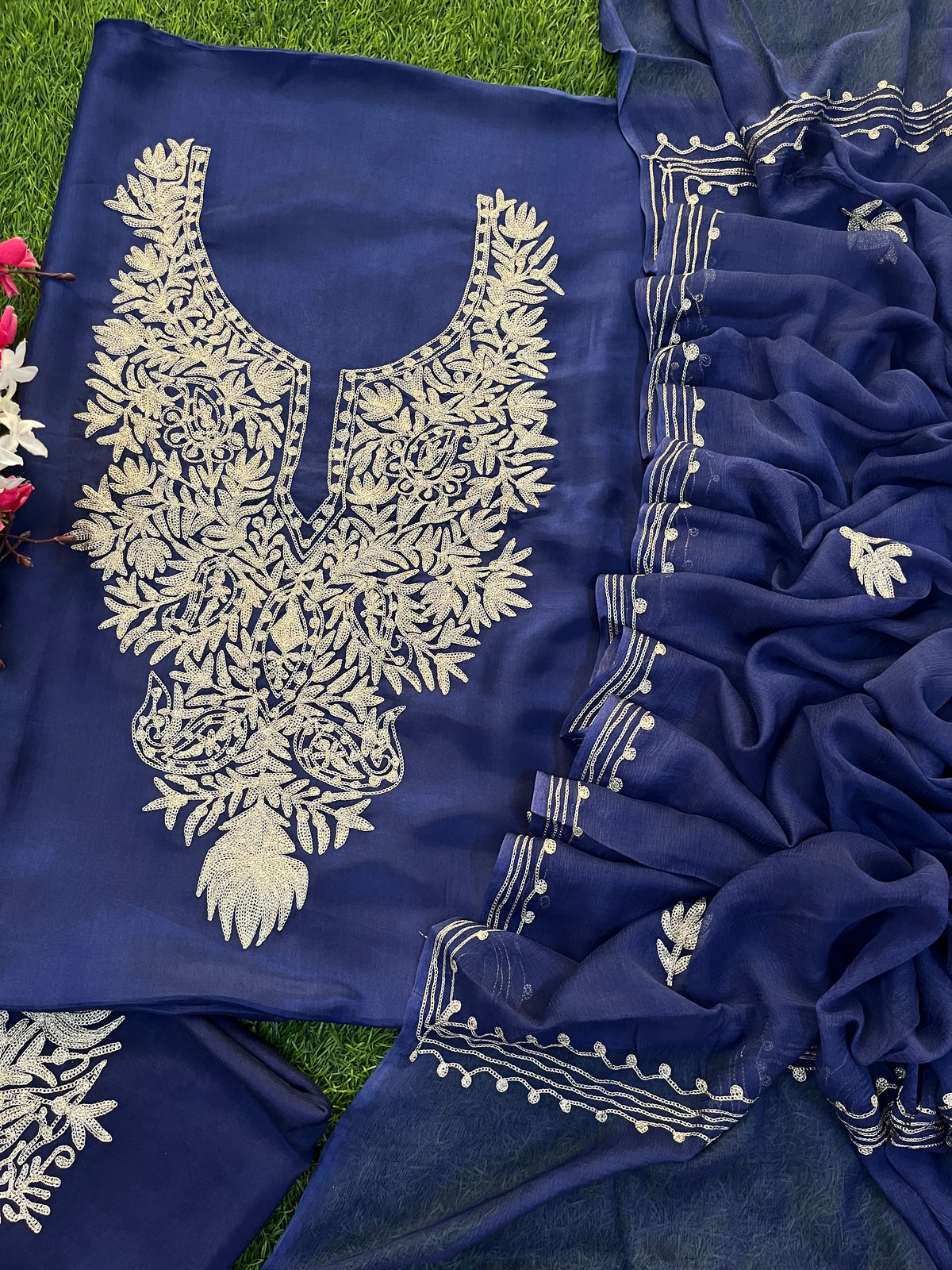 Blue Silk Tilla Kashmiri Suit