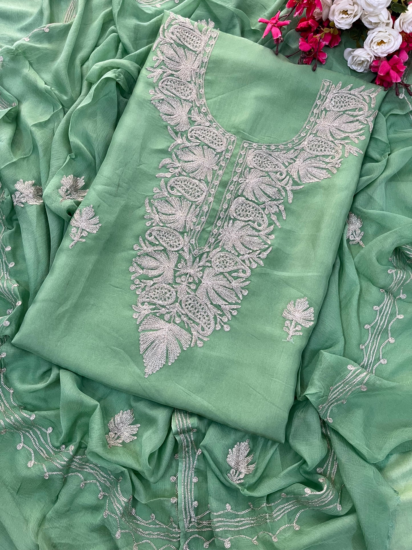 Pestel Green Silk Tilla Kashmiri Suit