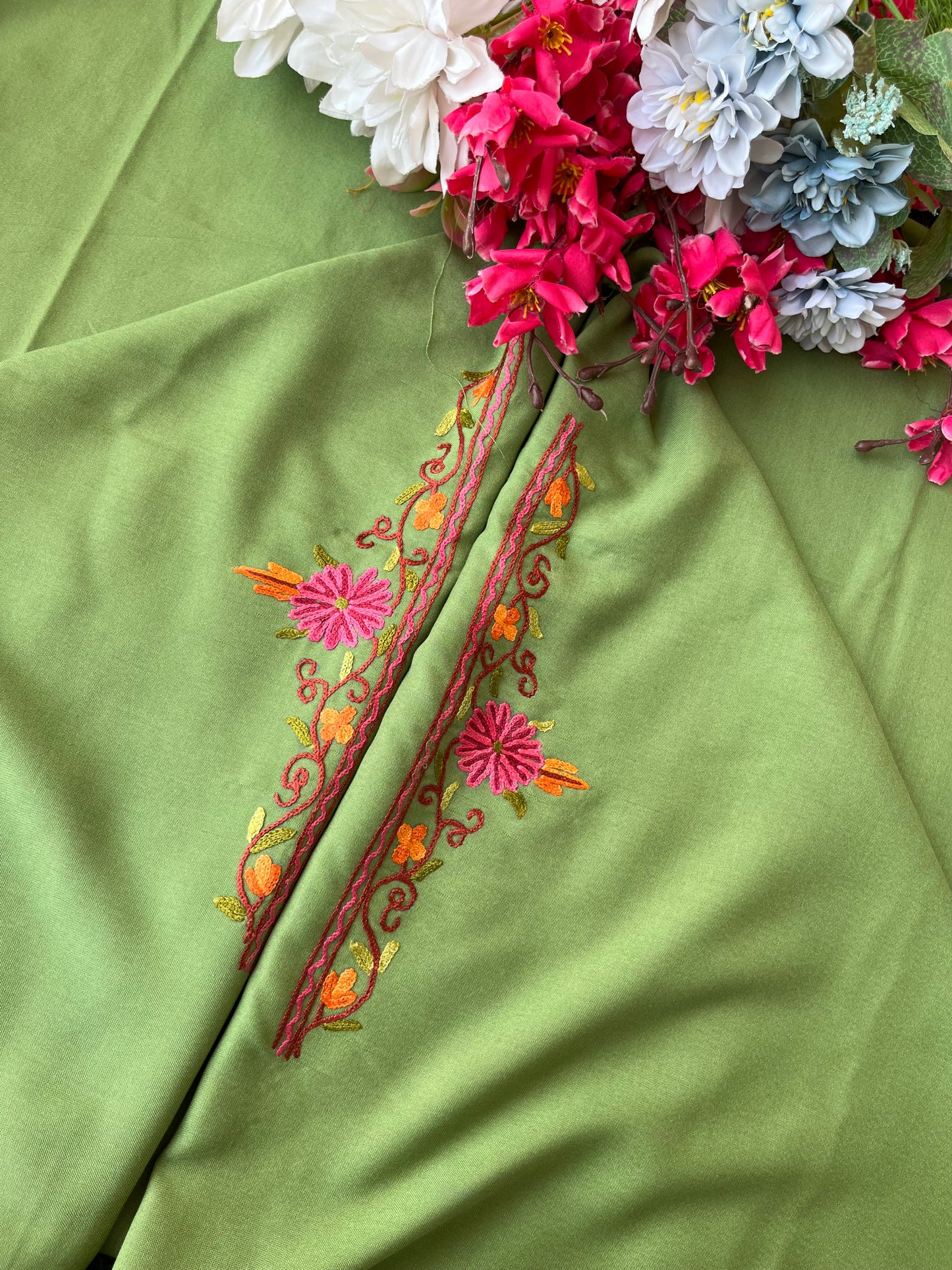Green Cotton Two Piece Suit (Hand Embroidered)