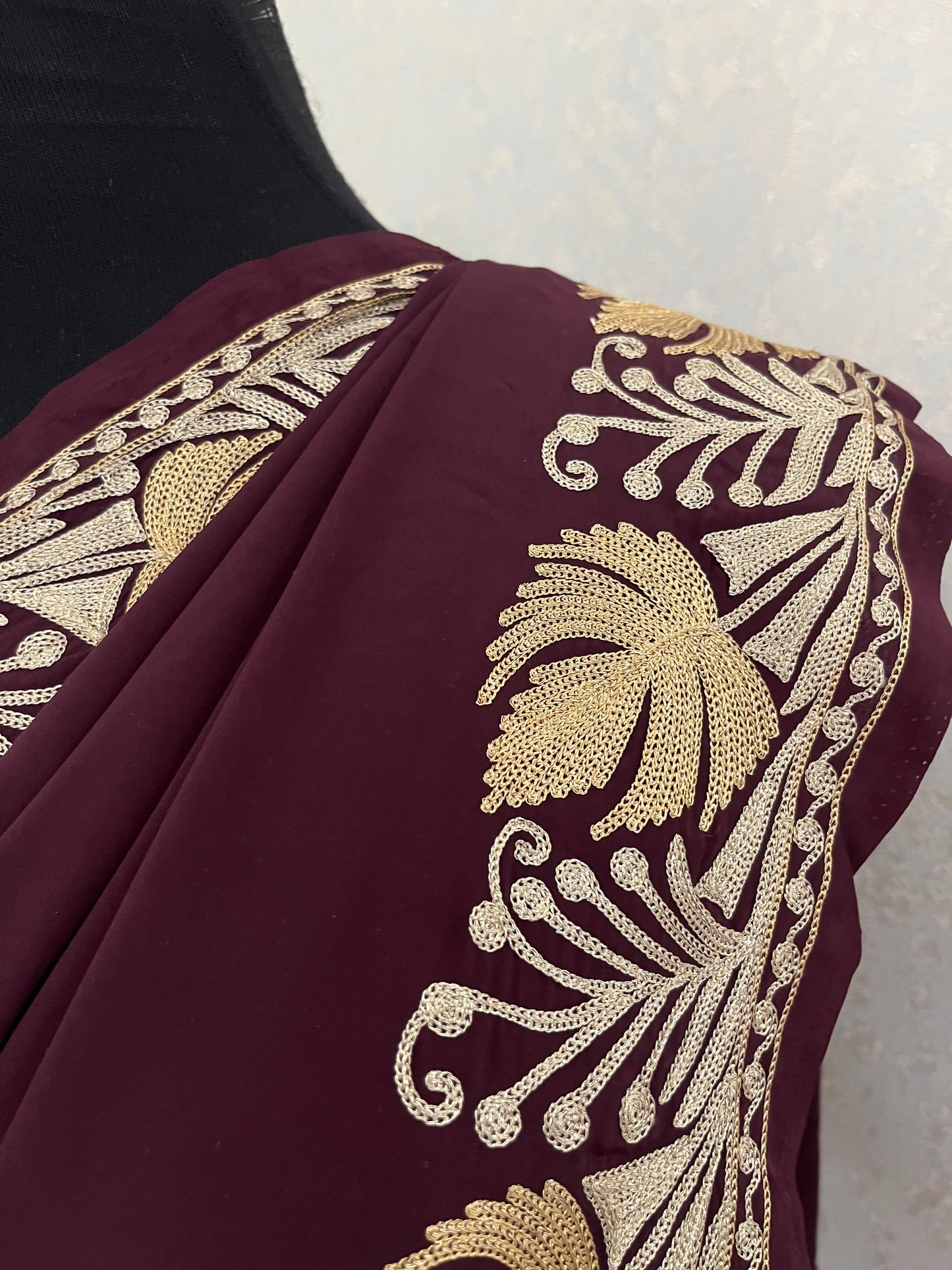 Wine Crape Kashmiri Tilla Saree