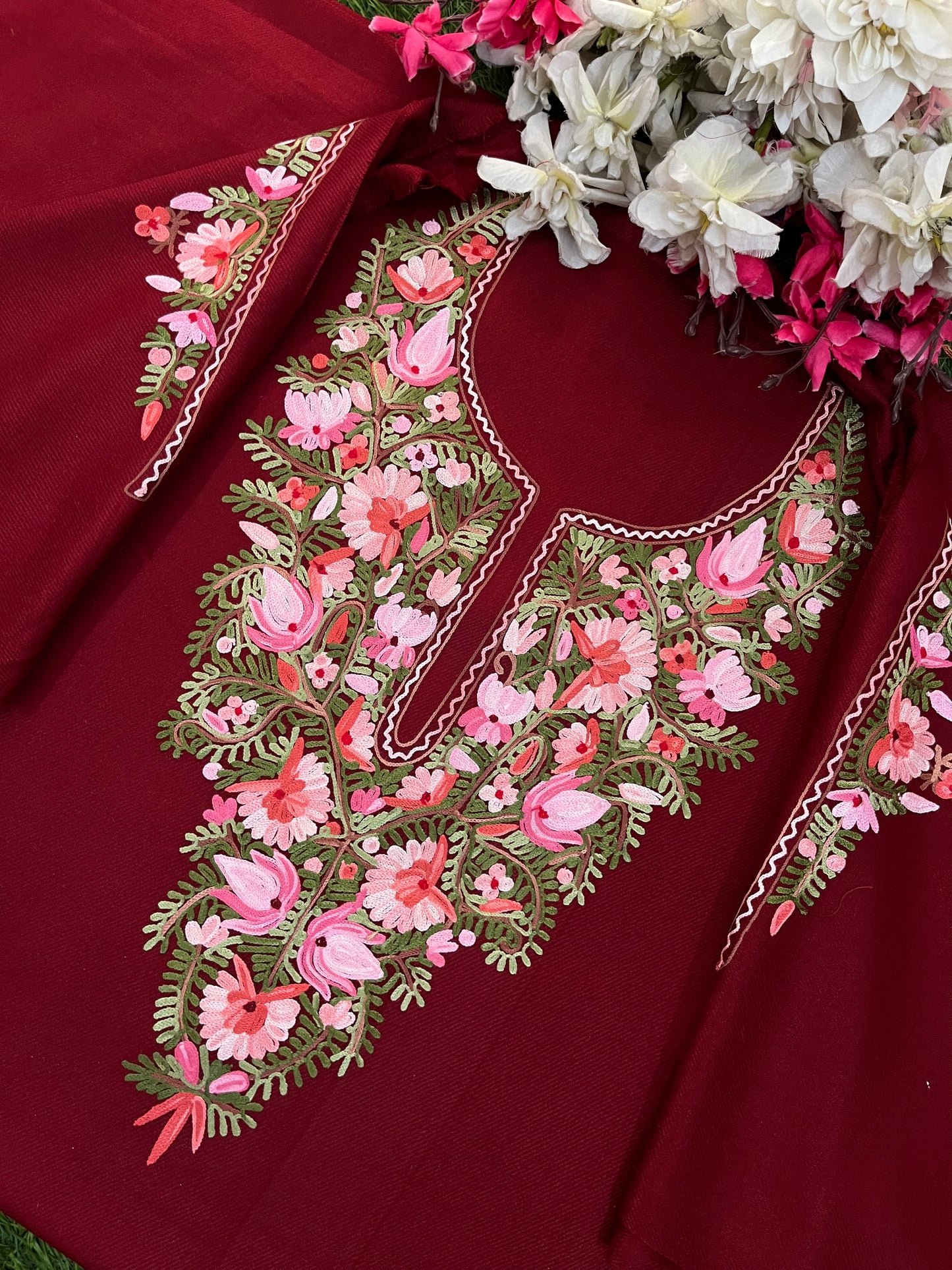 Maroon Woollen Aari Embroidered 2pc suit 5mtr