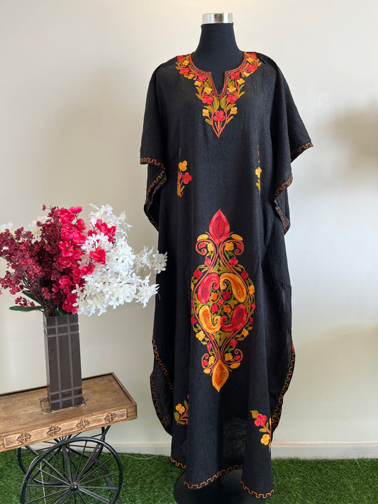 Long Crush Cotton Black Aari embroidered Kaftan