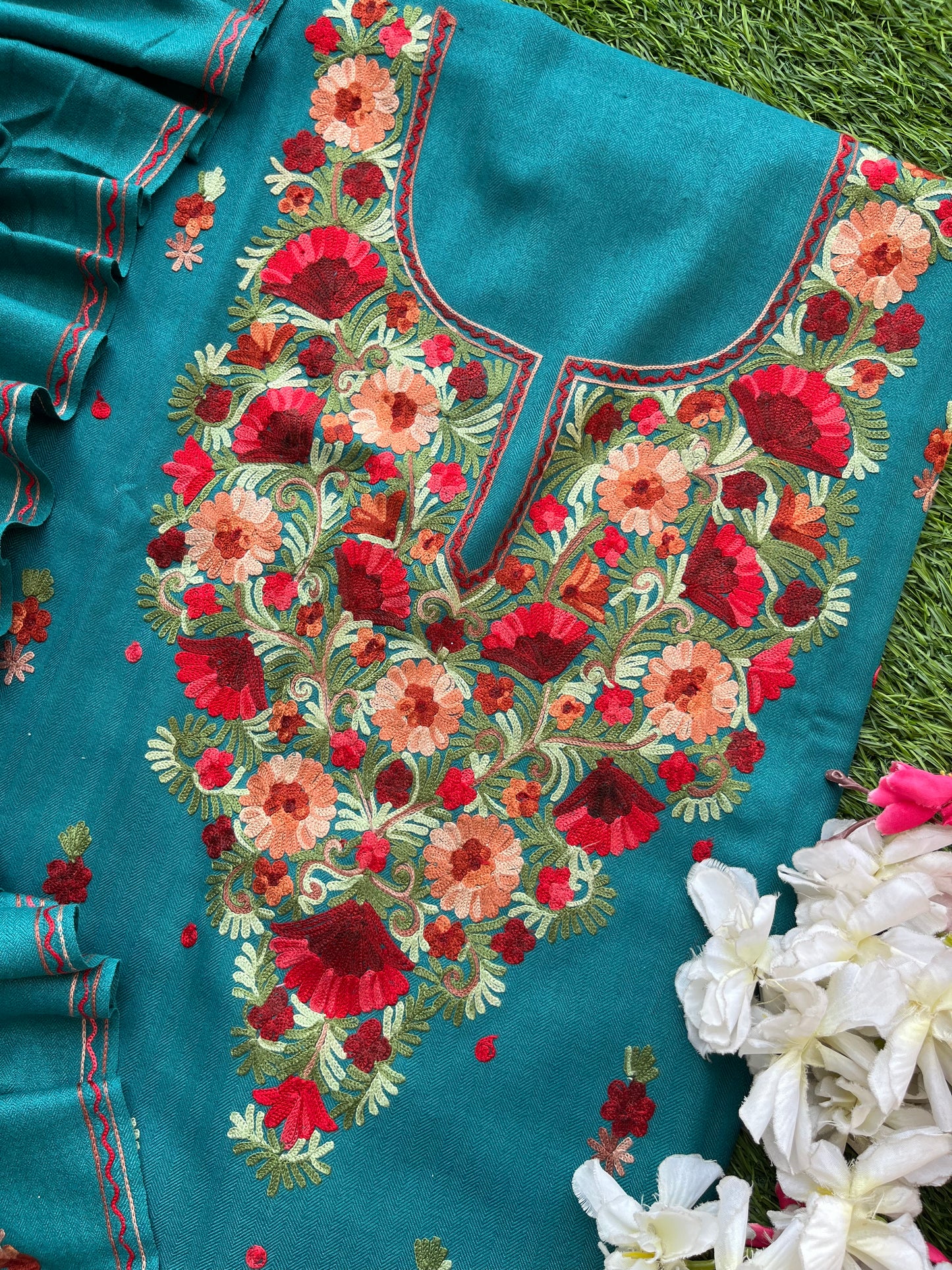 Peacock Blue Woollen Aari Embroidered 3pc suit