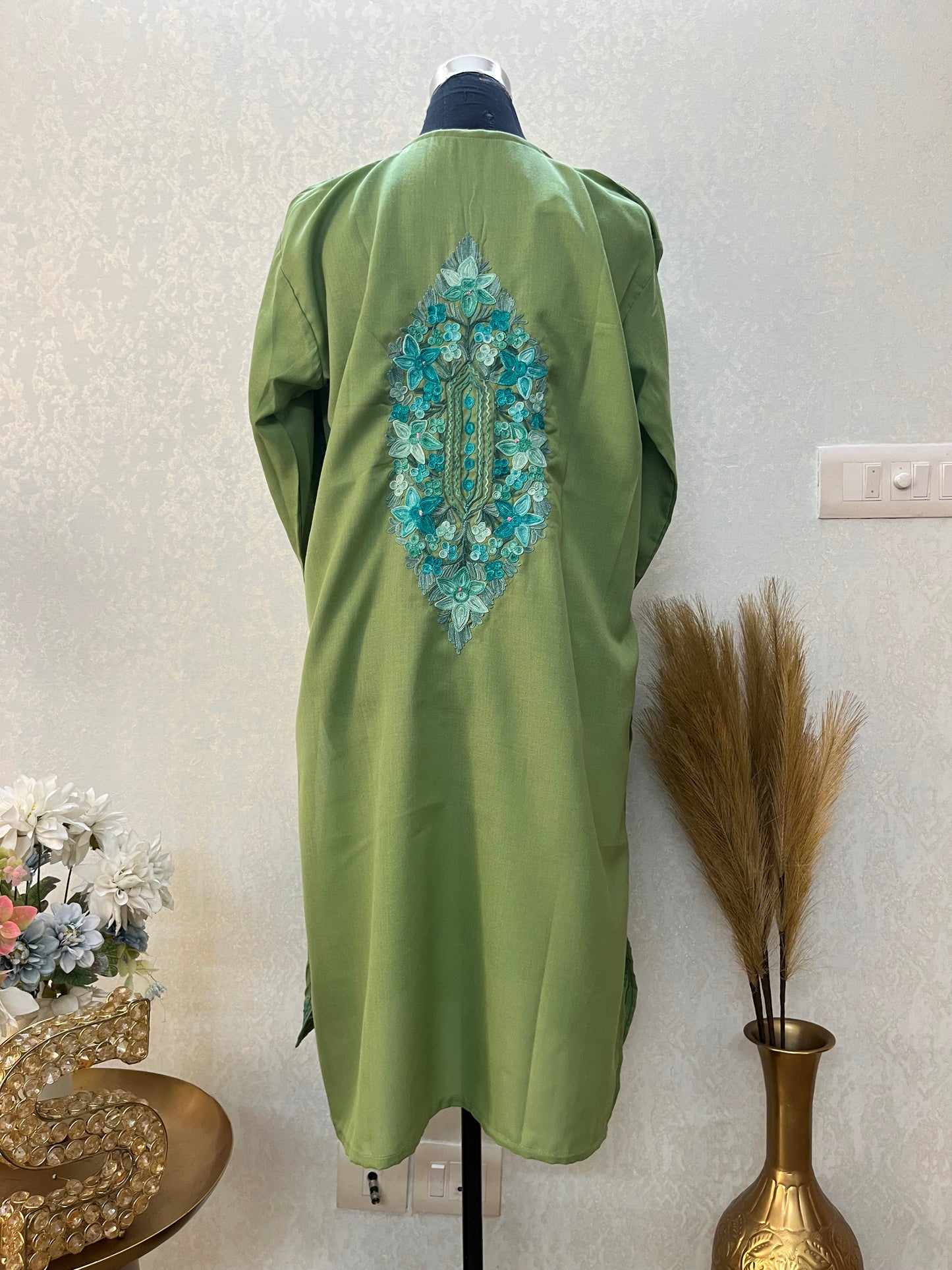 Green Cotton Aari Work Kurta
