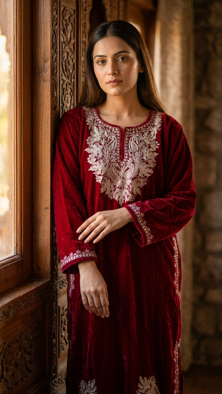 Maroon Tilla Embroidered Velvet Pheran