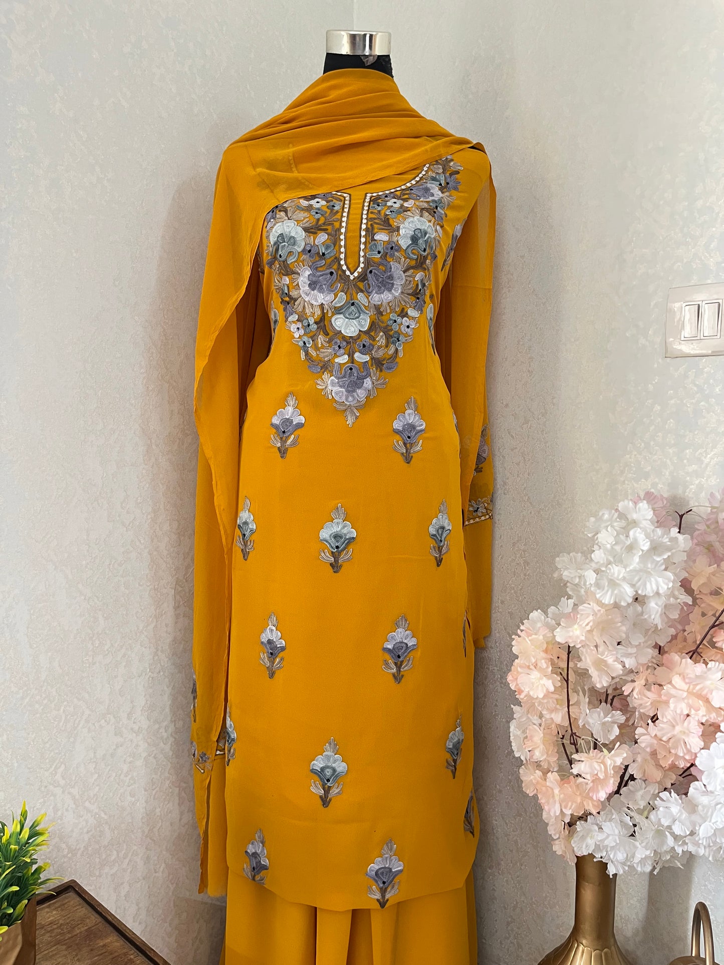 Mustard Yellow Georgette 3Pc Kashmiri Suit