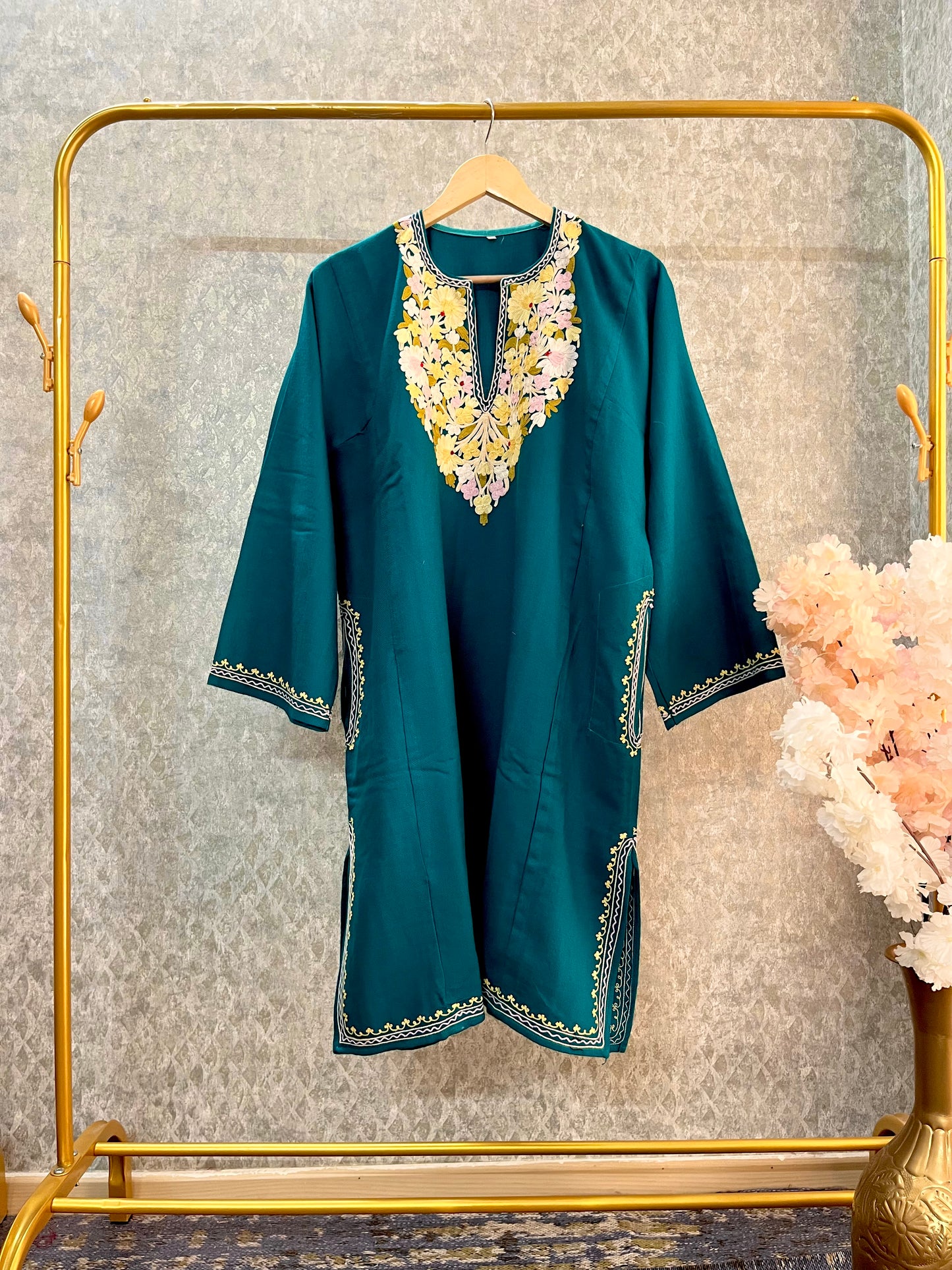 Green Aari Embroidered Wool Pheran