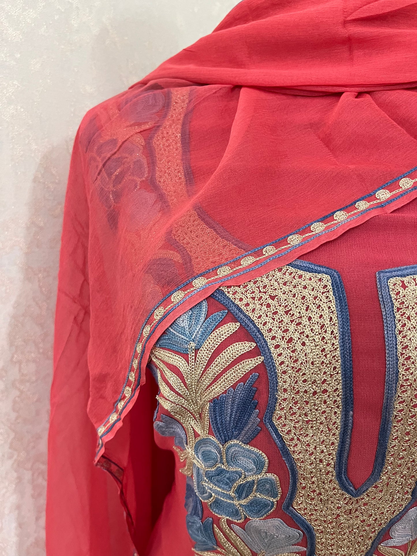 Carrot Pink Pure Georgette Double Shade Kashmiri Suit