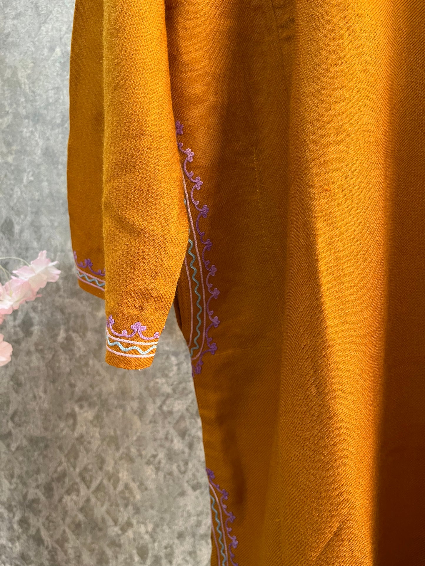 Mustard Yellow Aari Embroidered Wool Pheran