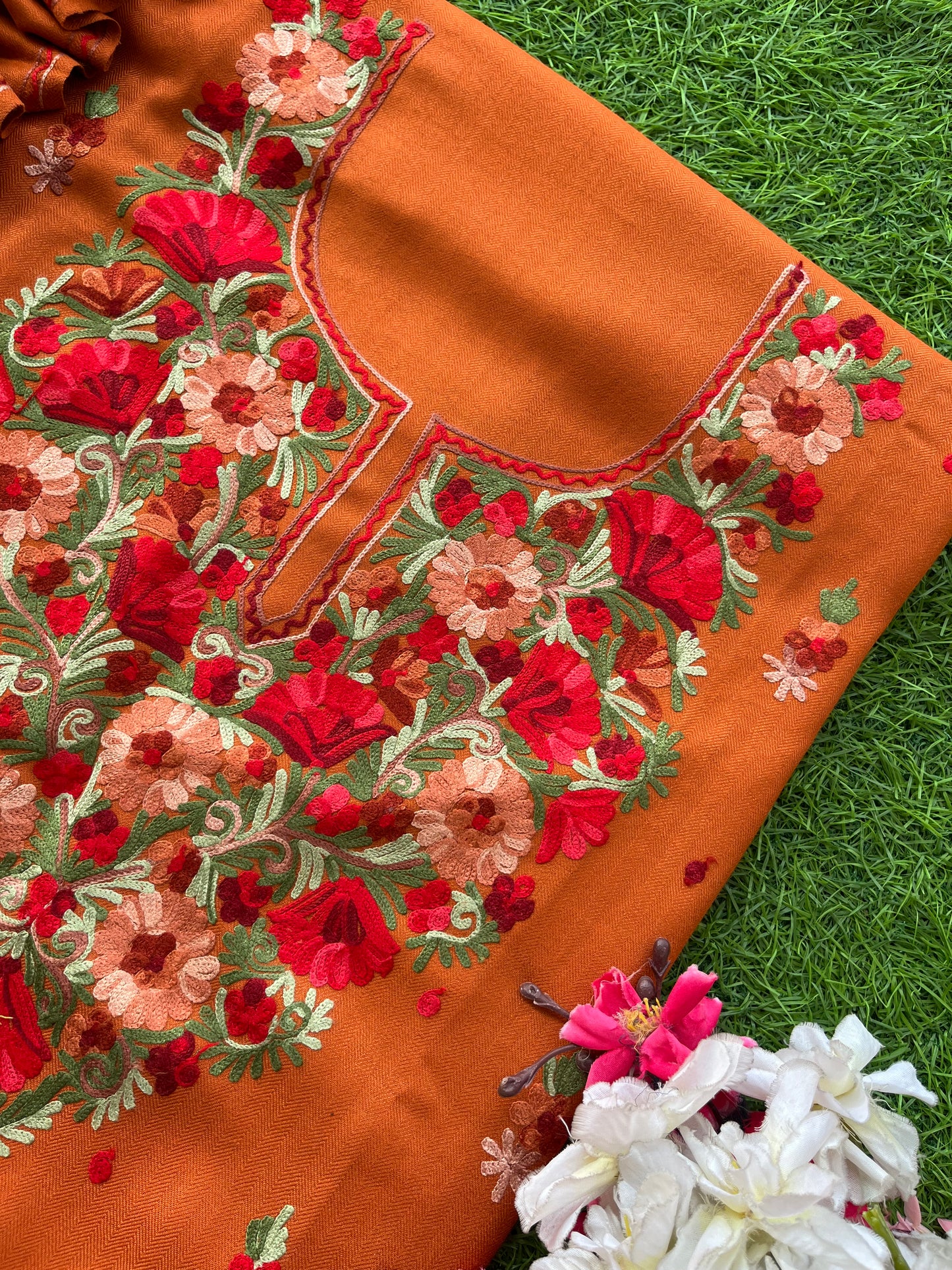 Orange Woollen Aari Embroidered 3pc suit