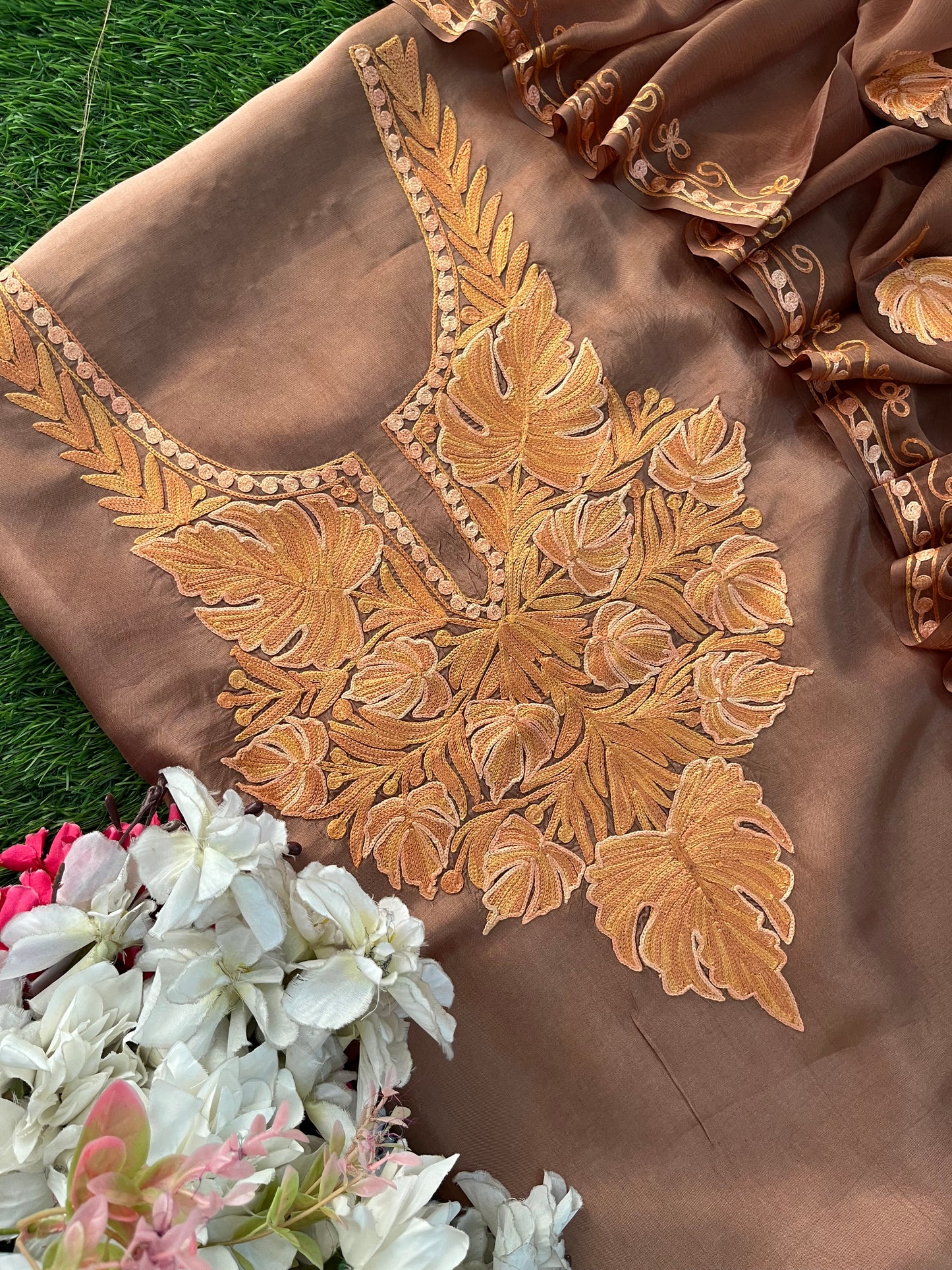 Soft Brown Opada Silk Kashmiri Suit