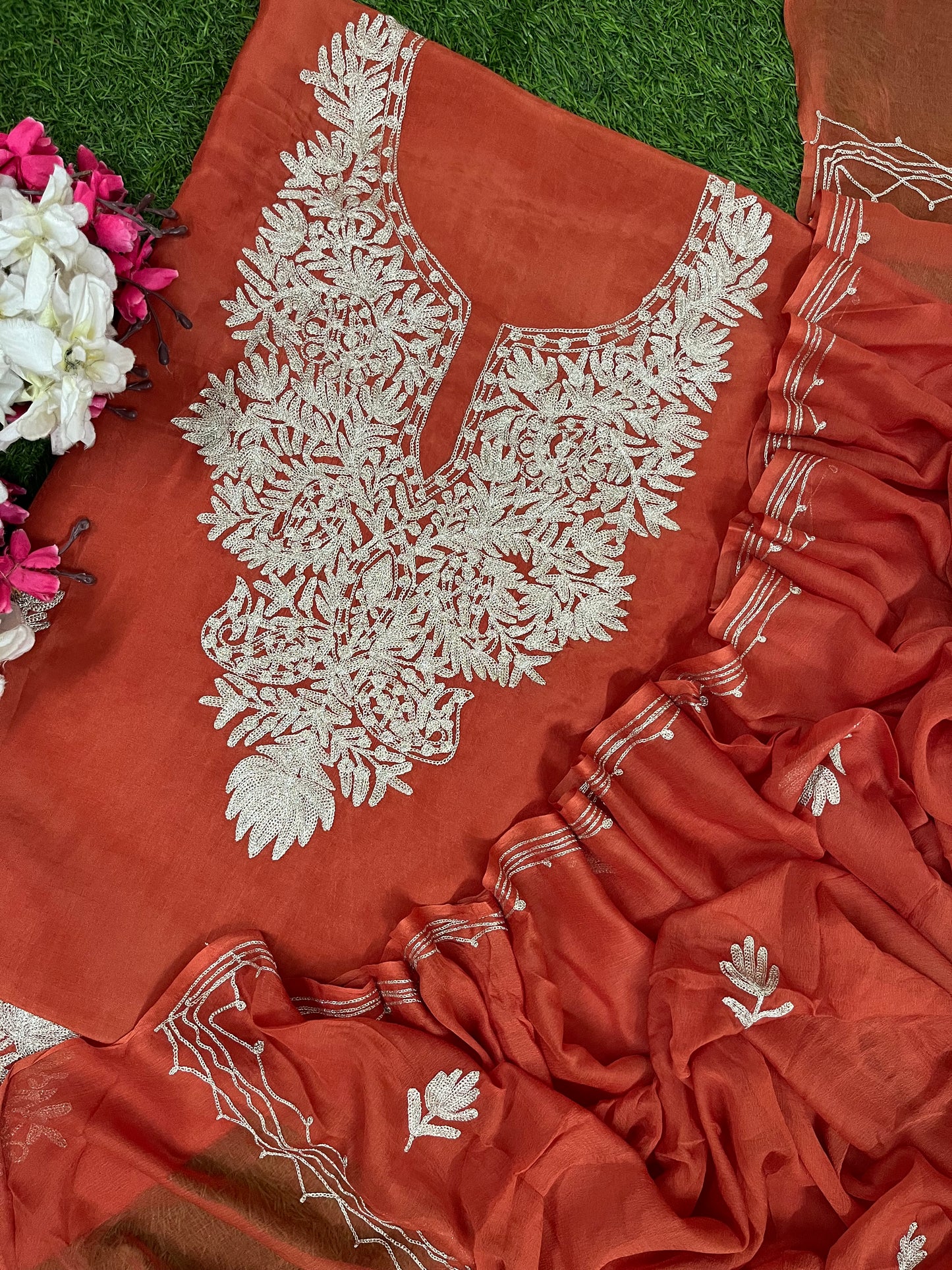 Soft Orange Silk Tilla Kashmiri Suit
