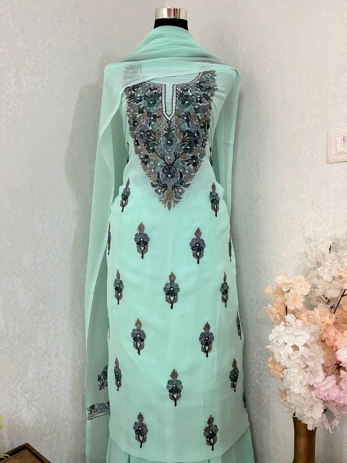 Mint Green Georgette 3Pc Kashmiri Suit