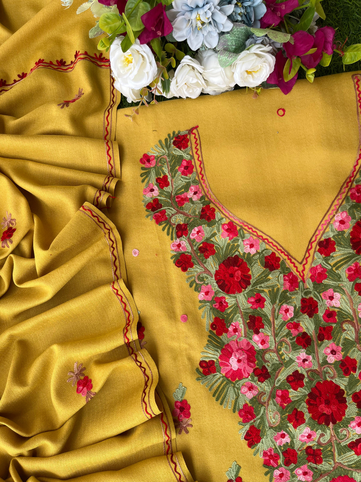 Yellow Woollen Aari Embroidered 3pc suit