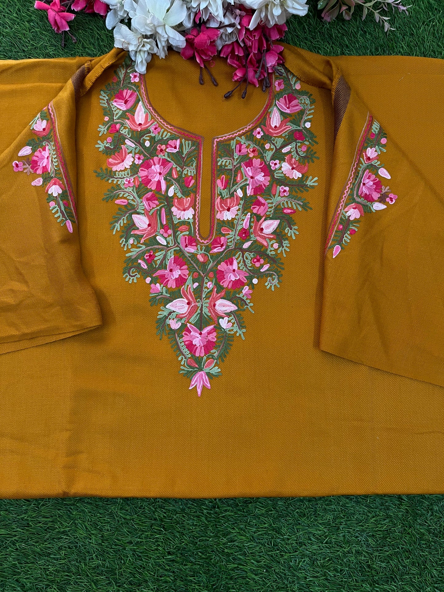 Mustard Woollen Aari Embroidered 2pc suit 5mtr