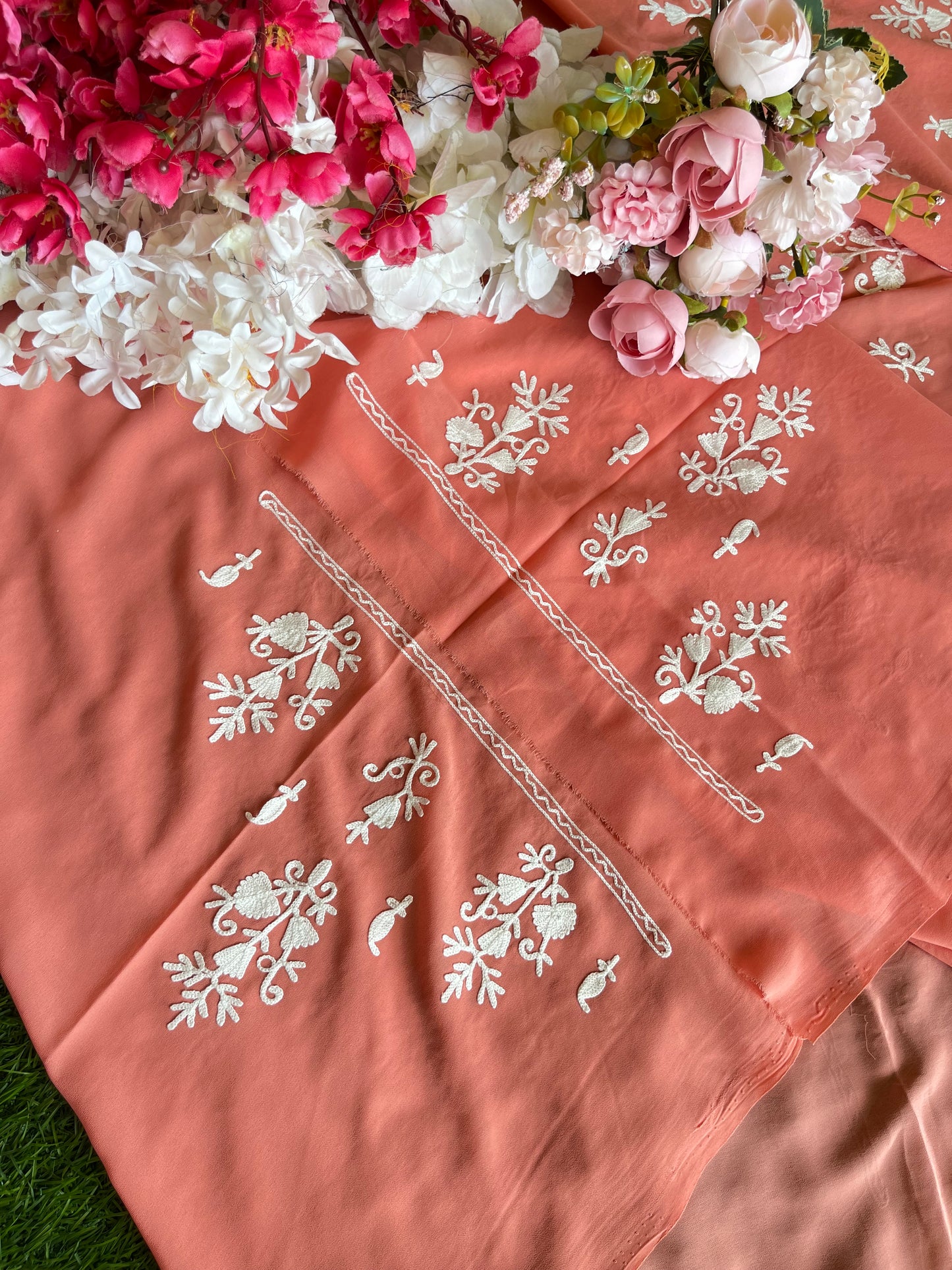 Georgette Peach All over Work Aari Embroidered Unstitched Kurta Material