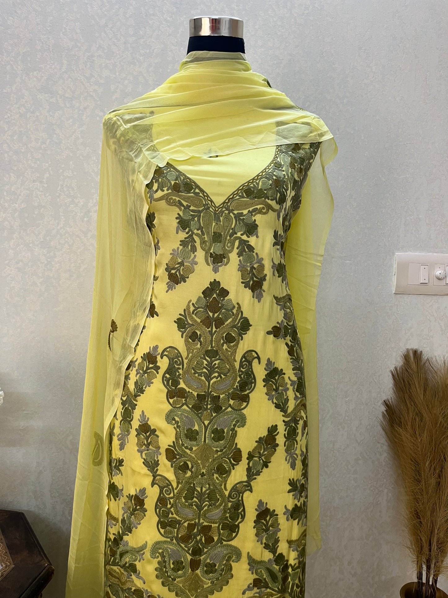 Yellow Satin Cotton Kashmiri Suit