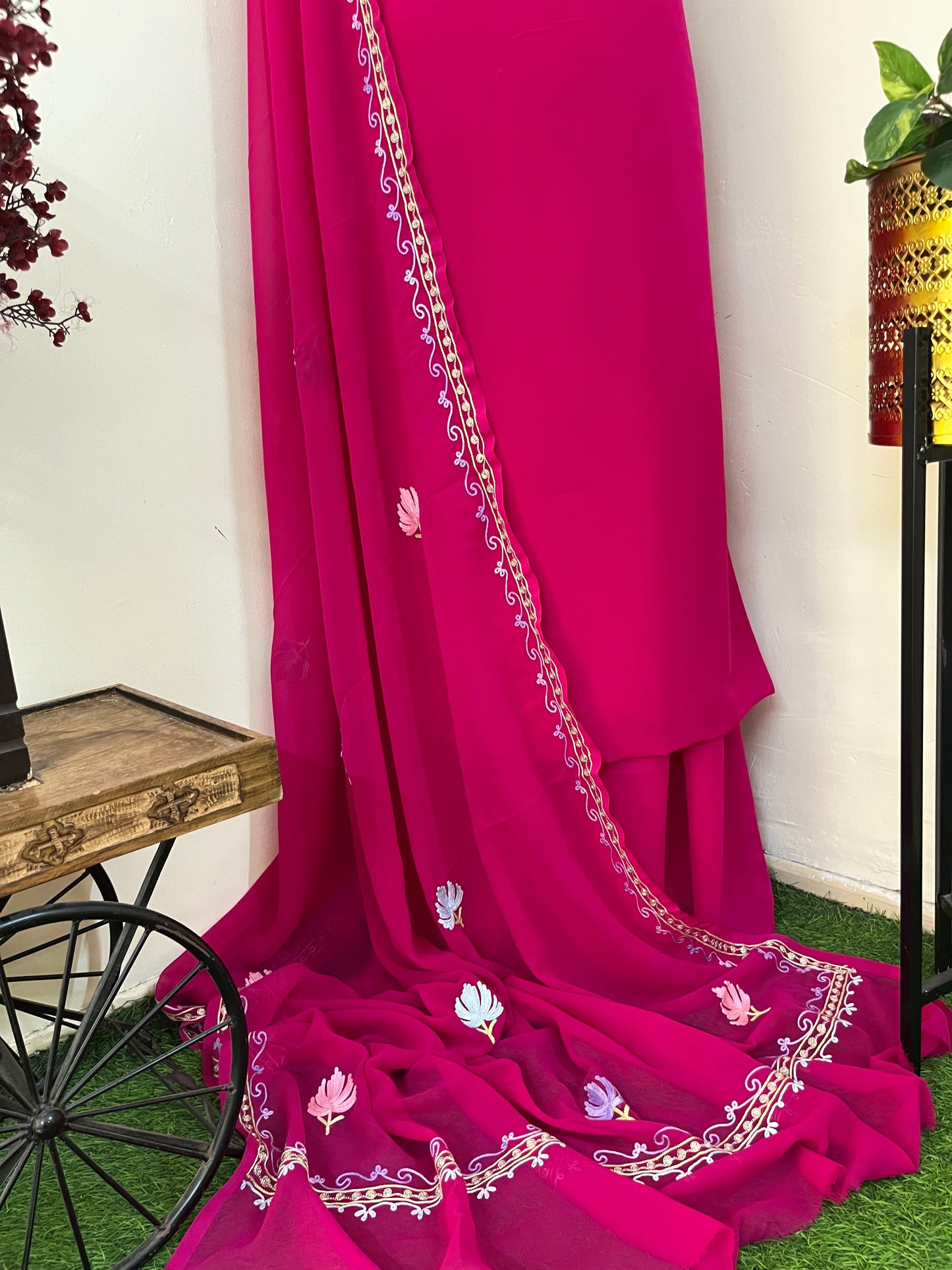 Hot Pink Georgette 3 Pc Aari Embroidered Suit Set