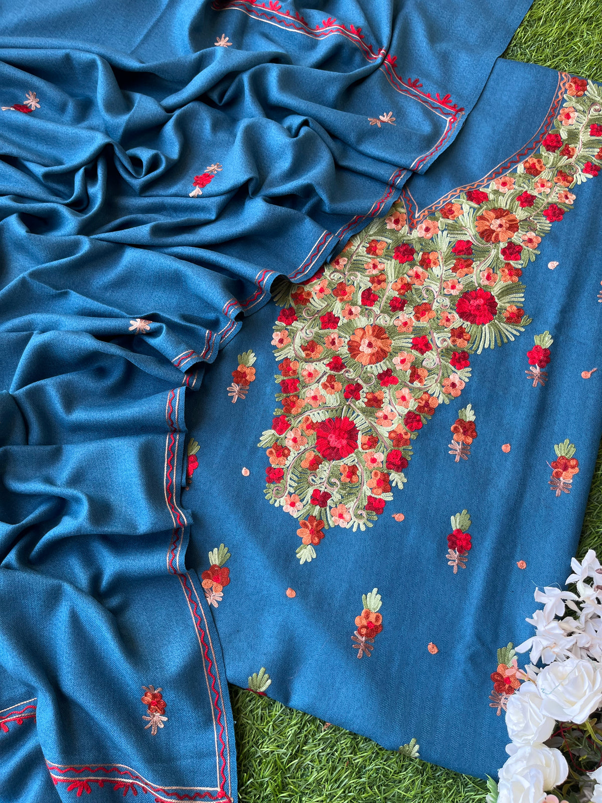 Peacock Blue Woollen Aari Embroidered 3pc suit