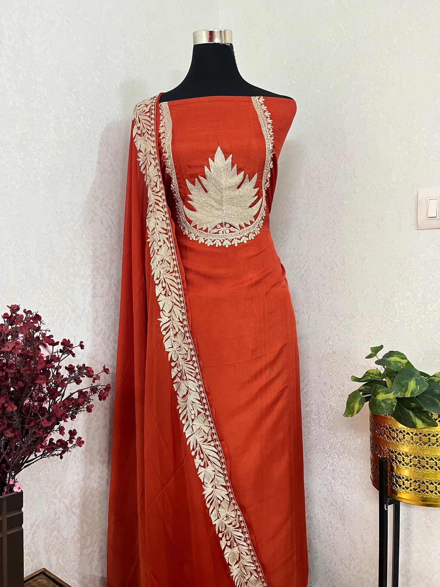 Orange Rust Sanam’ Tilla Kashmiri Silk Suit