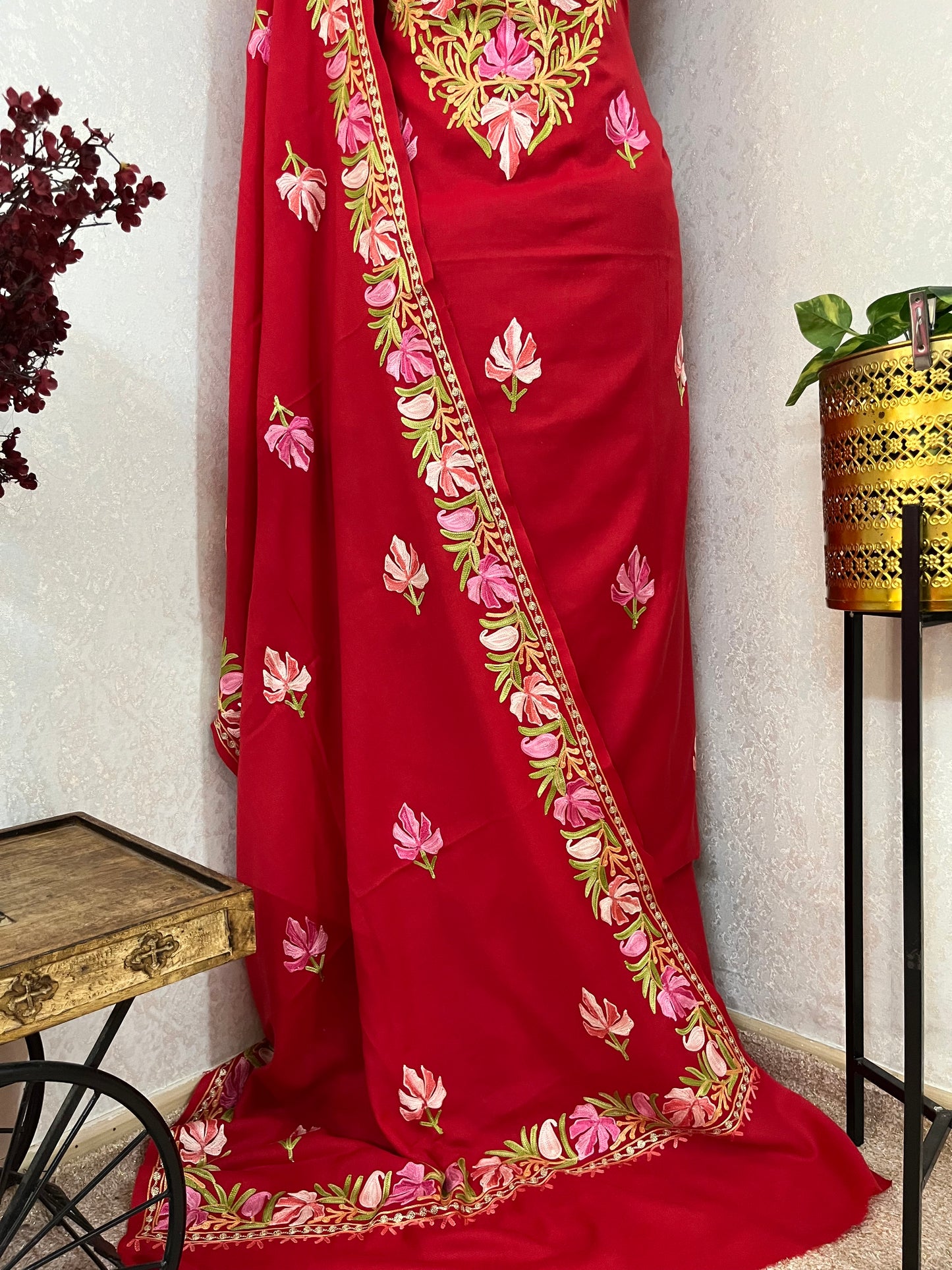 Red Pure Wool Aari Embroidered 3pc Suit Stole
