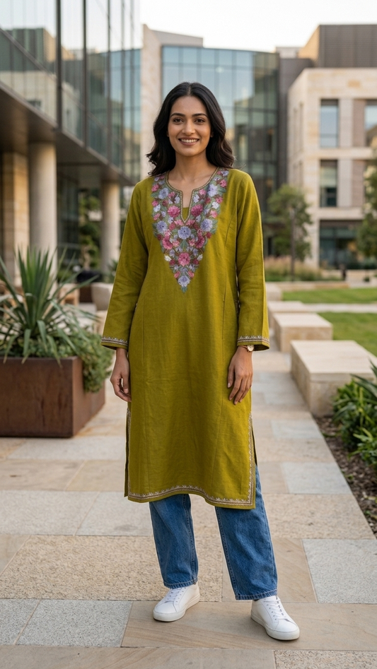 Heena Green Aari Embroidered Wool Pheran