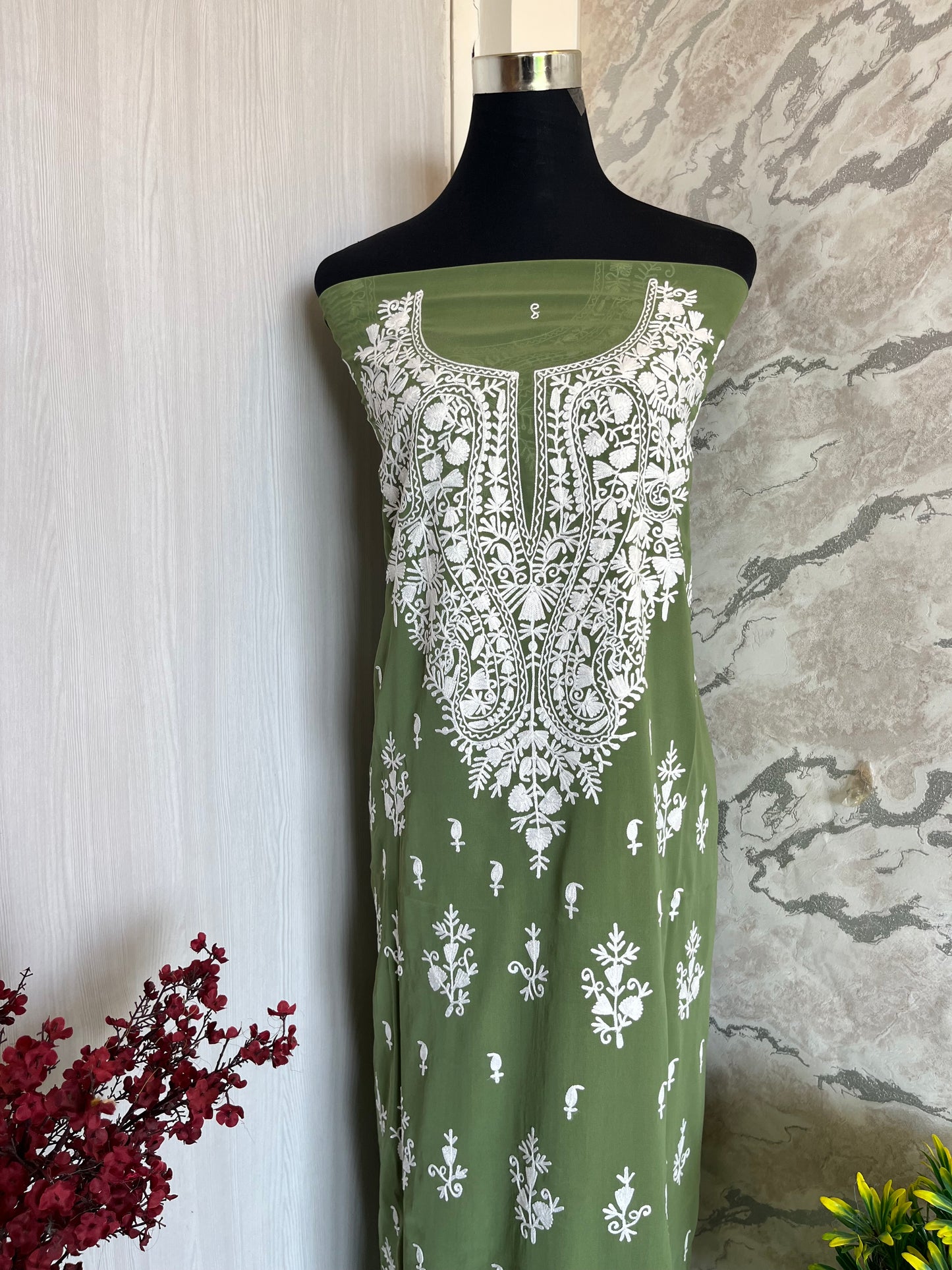 Georgette Pastel Green All over Work Aari Embroidered Unstitched Kurta Material