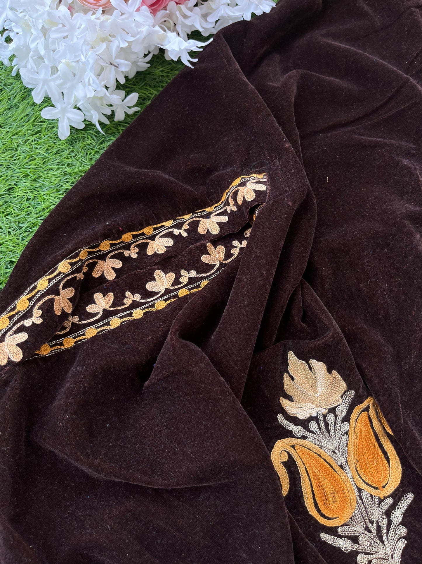 Brown Aari Embroidered Velvet Cape