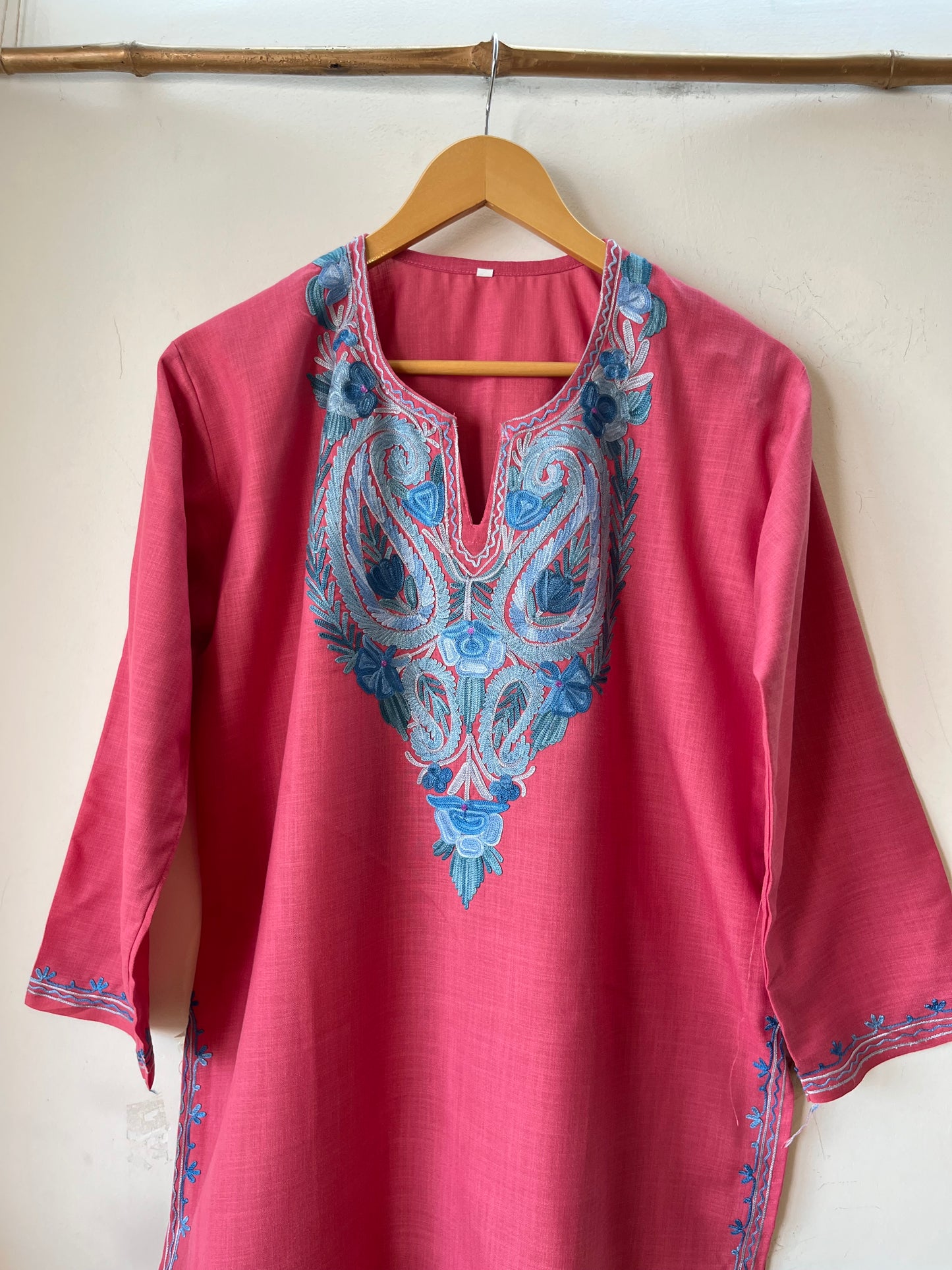 Pink Cotton Aari Work Kurta