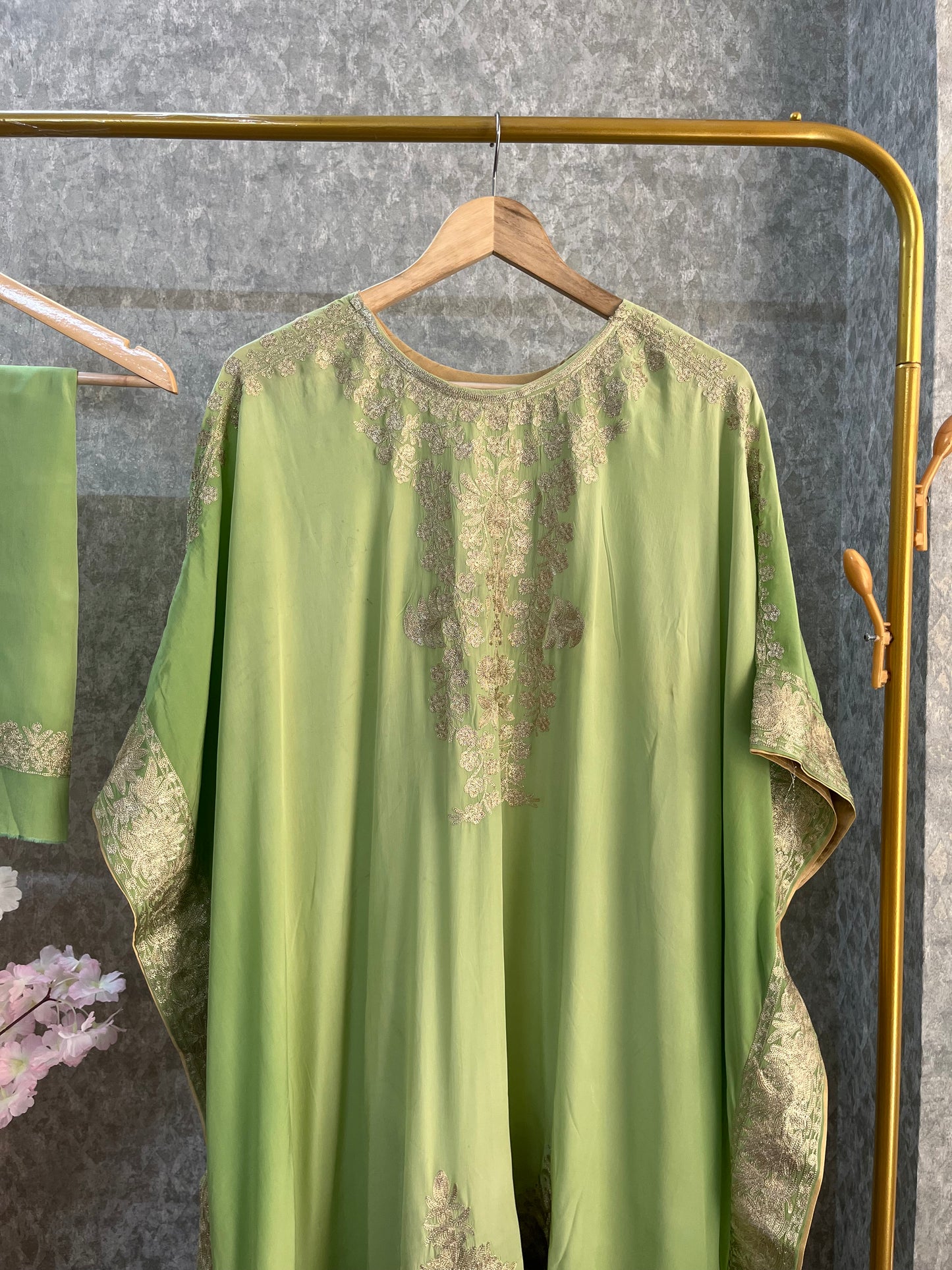 Pista Green Pure Crape Kashmiri Kaftan