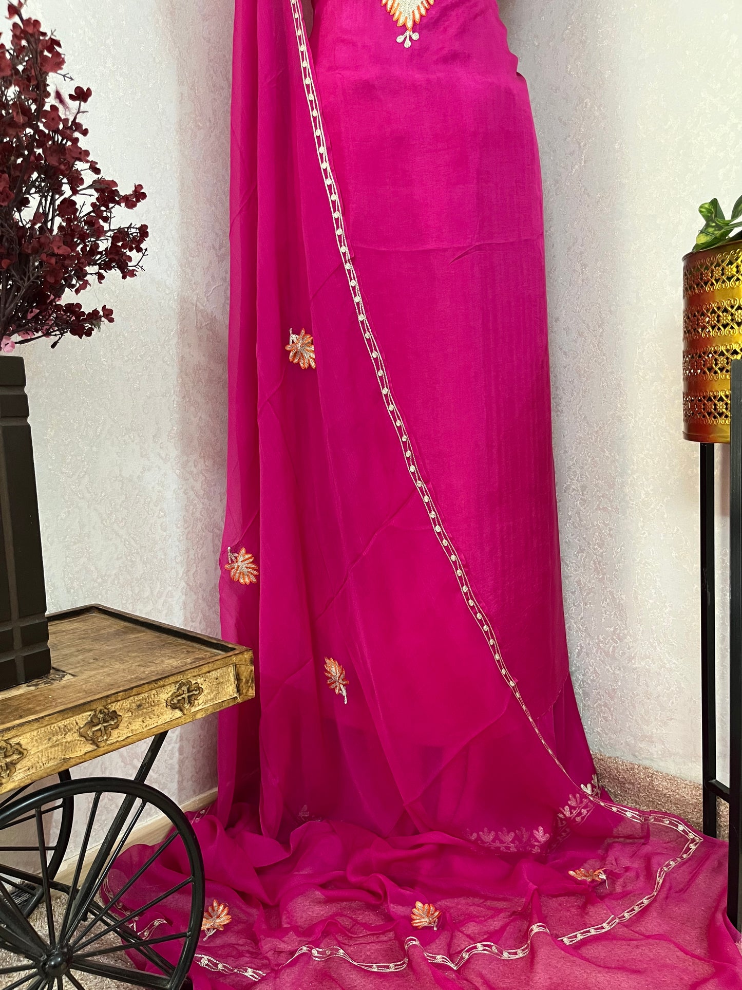Hot Pink Silk Tilla Kashmiri Suit