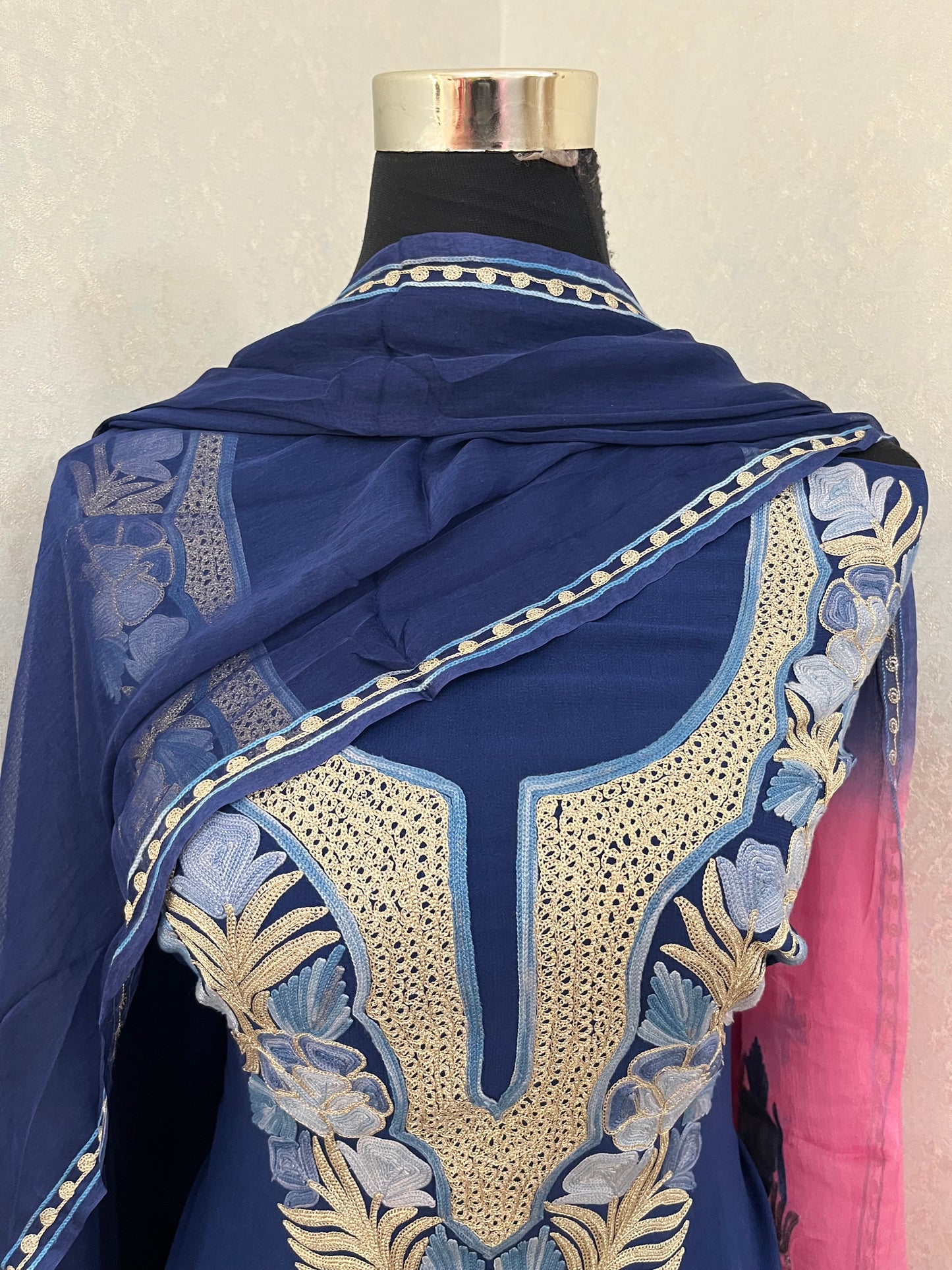 Blue Pure Georgette Double Shade Kashmiri Suit