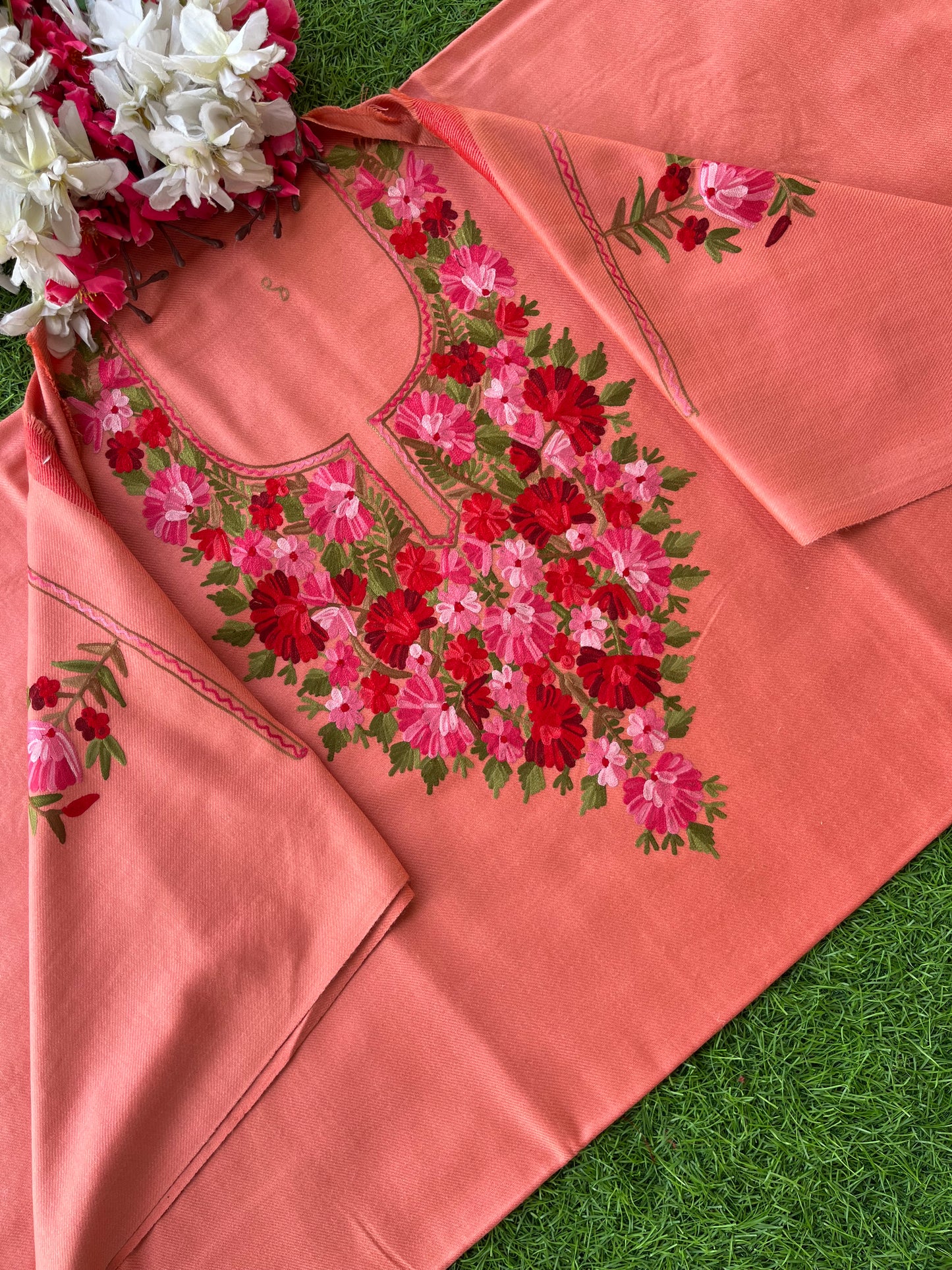 Soft Pink Woollen Aari Embroidered 2pc suit 5mtr