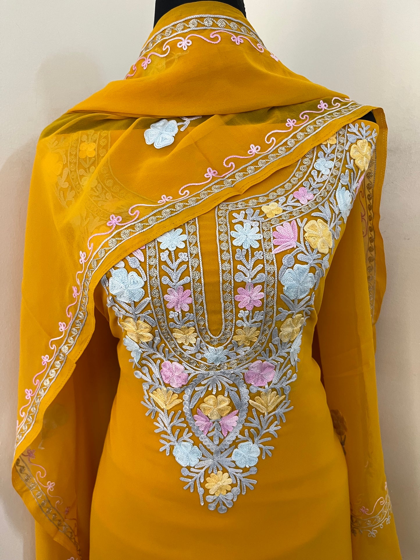 Mustard Georgette 3 Pc Aari Embroidered Suit Set