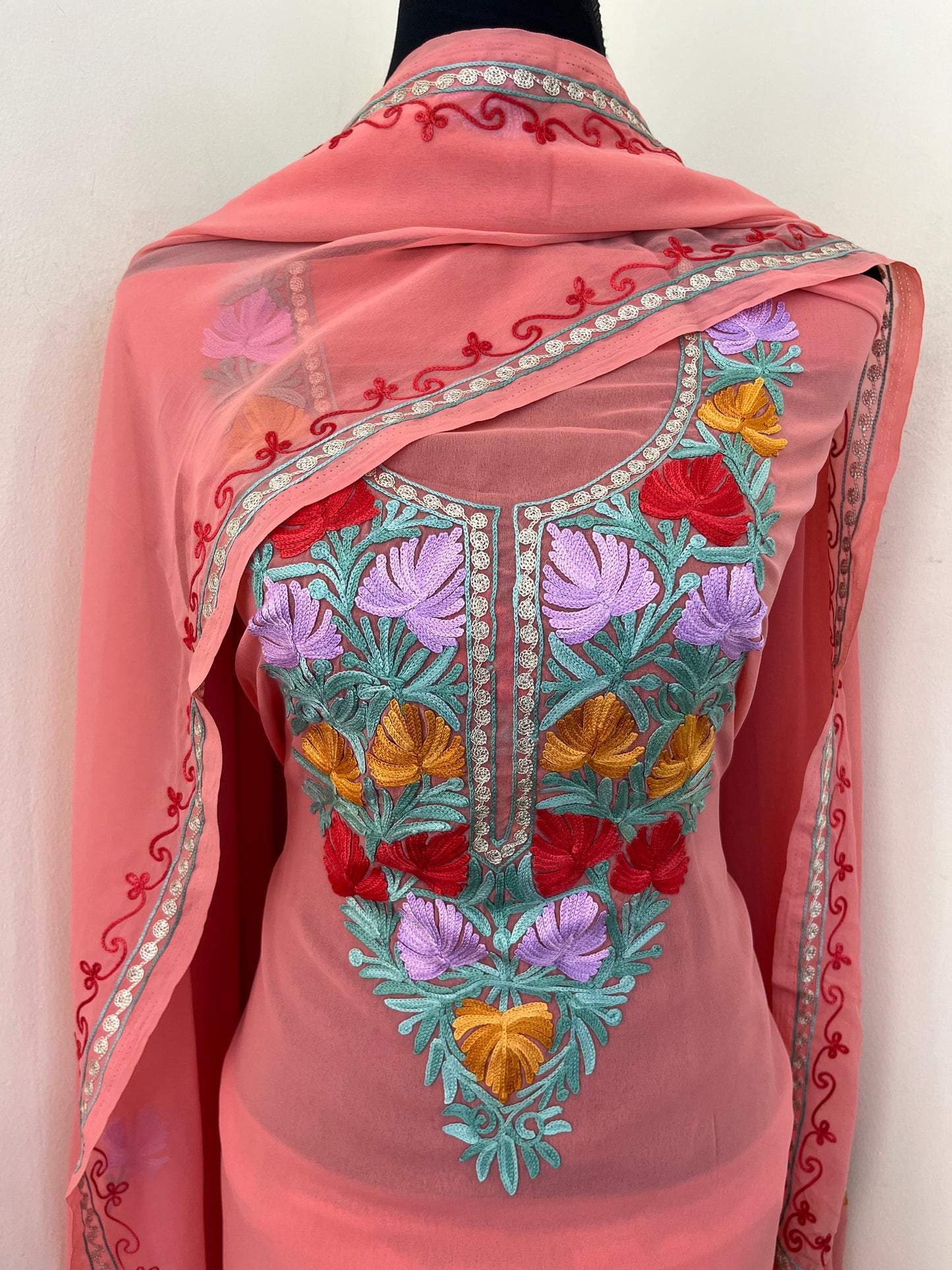 Pink Georgette 3 Pc Aari Embroidered Suit Set