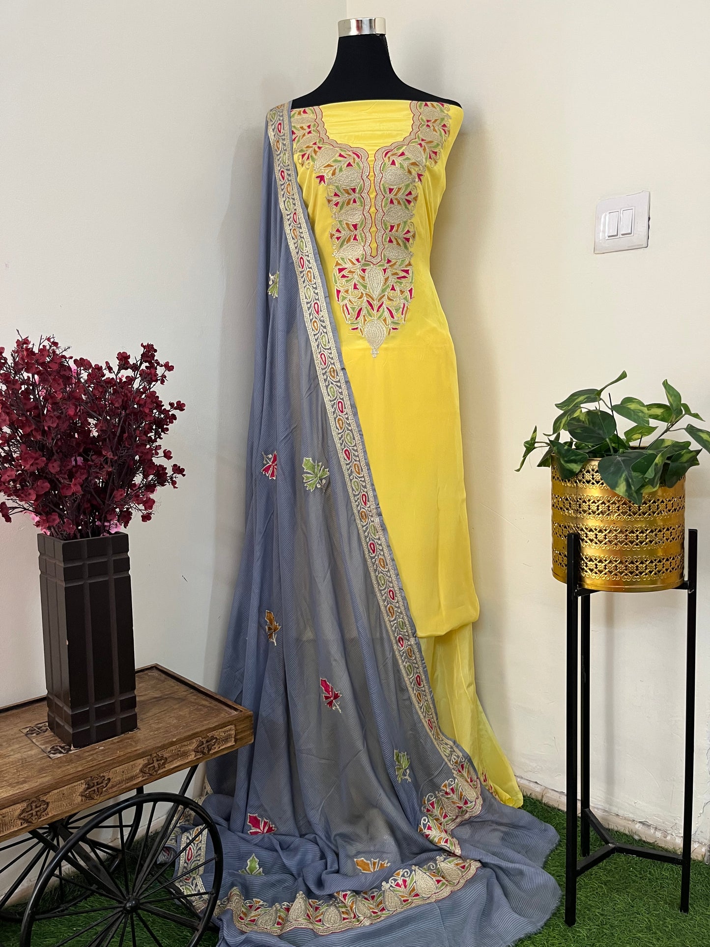 ‘Kalaa’ Lemon Yellow Crape Kashmiri Suit