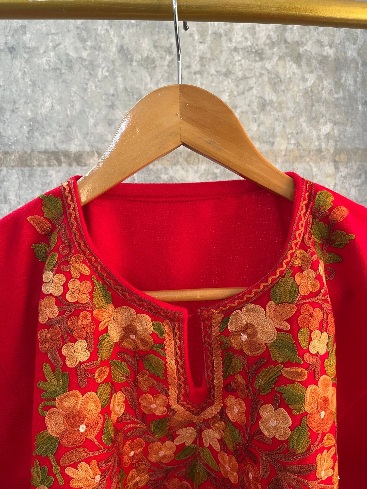 Red Aari Embroidered Wool Pheran