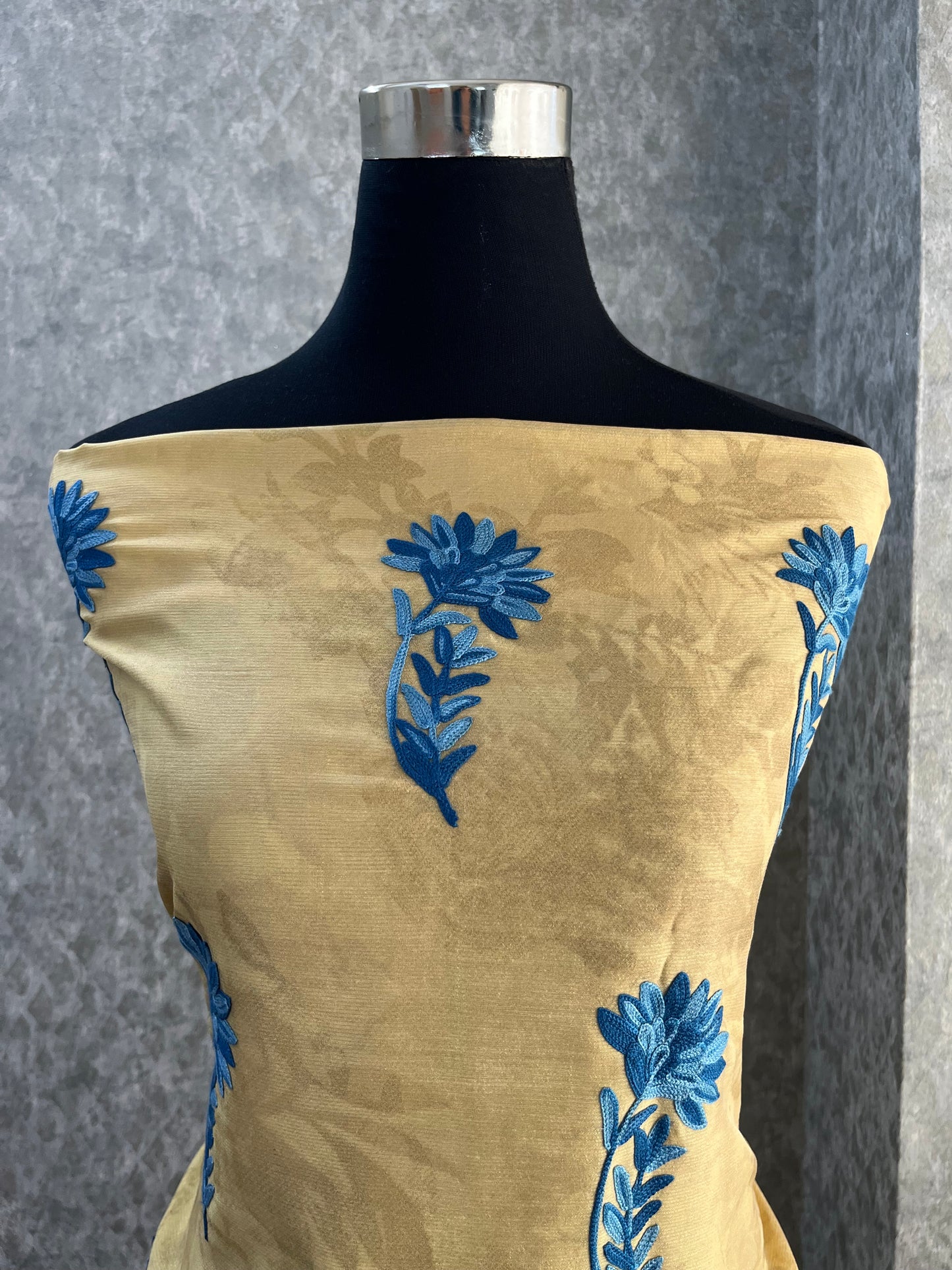 Mustard Gold Self Work Satin Cotton Unstitched Co-ord Set